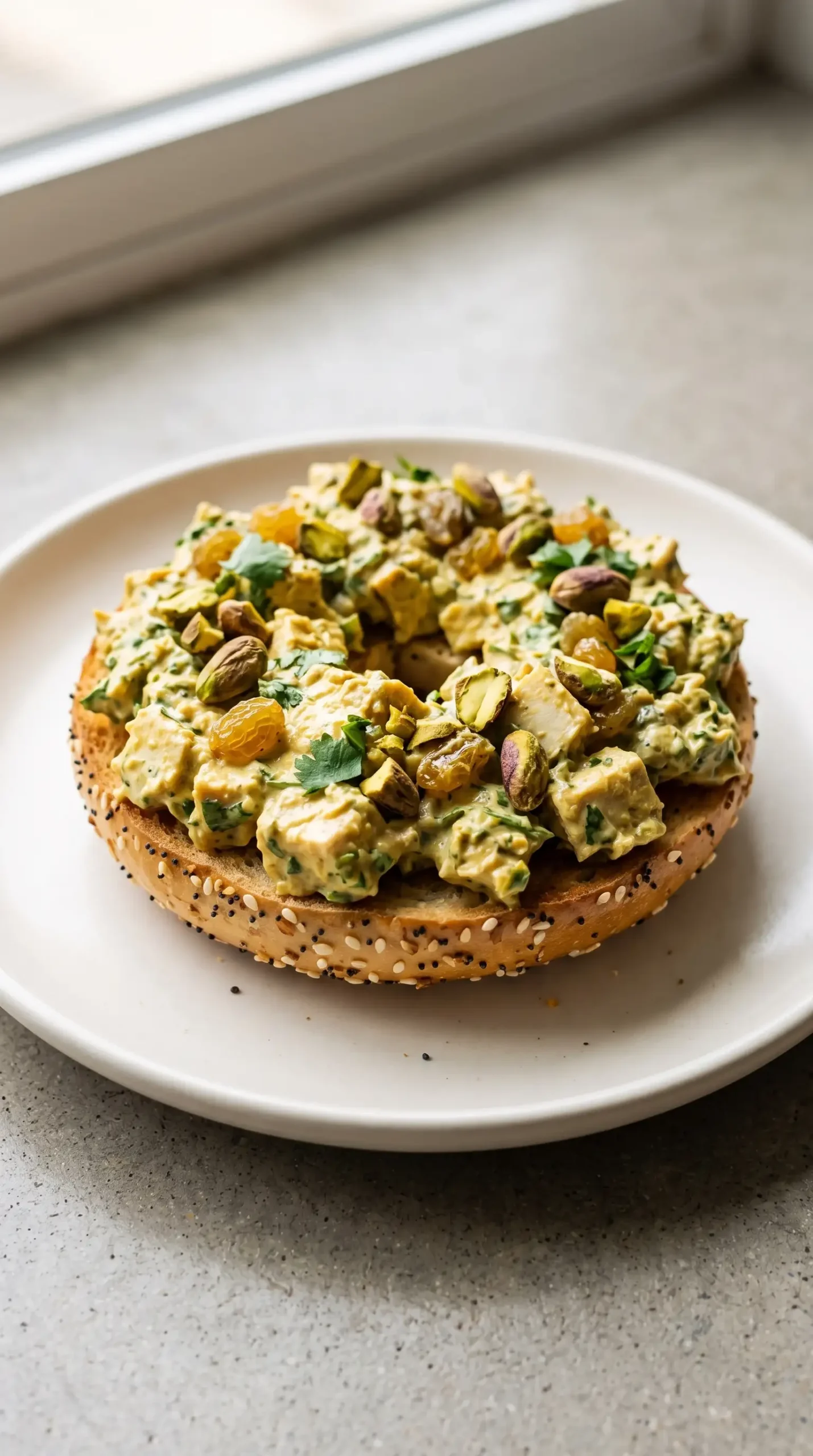 Open-faced everything bagel topped with creamy curry chicken salad