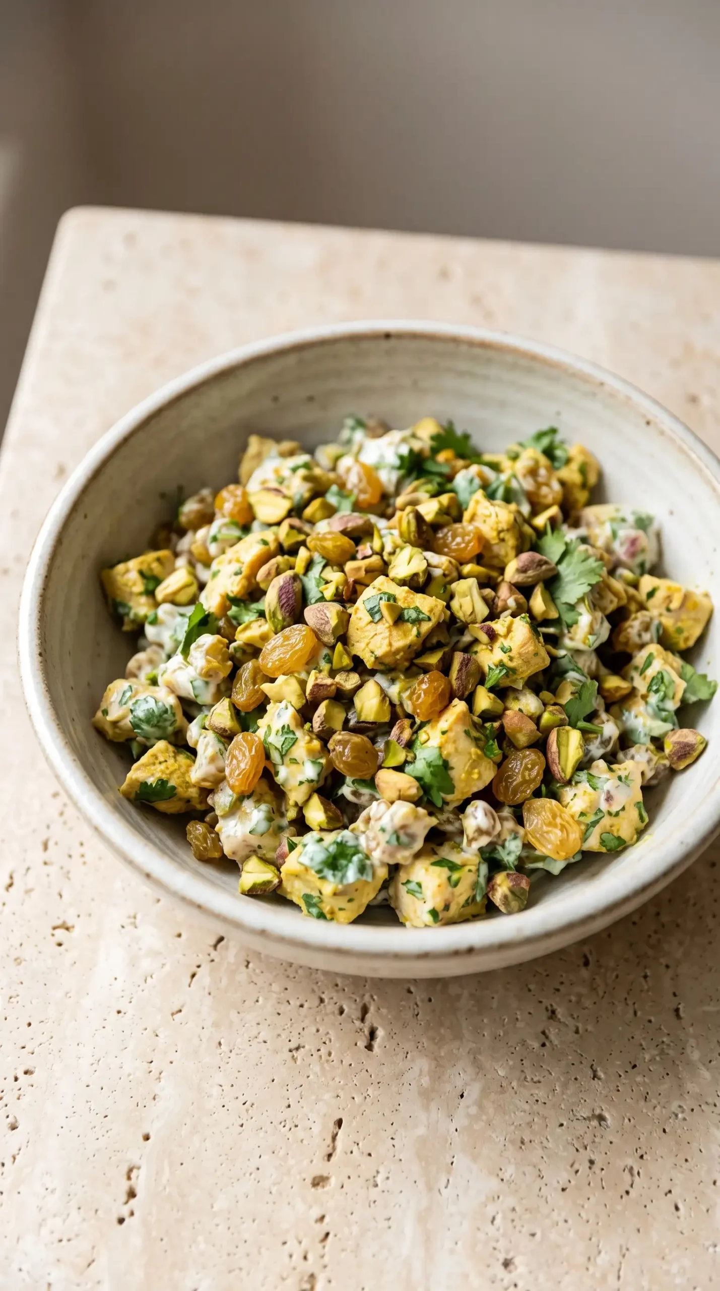 Bowl of curry chicken salad with Greek yogurt dressing, pistachios, raisins, and fresh herbs