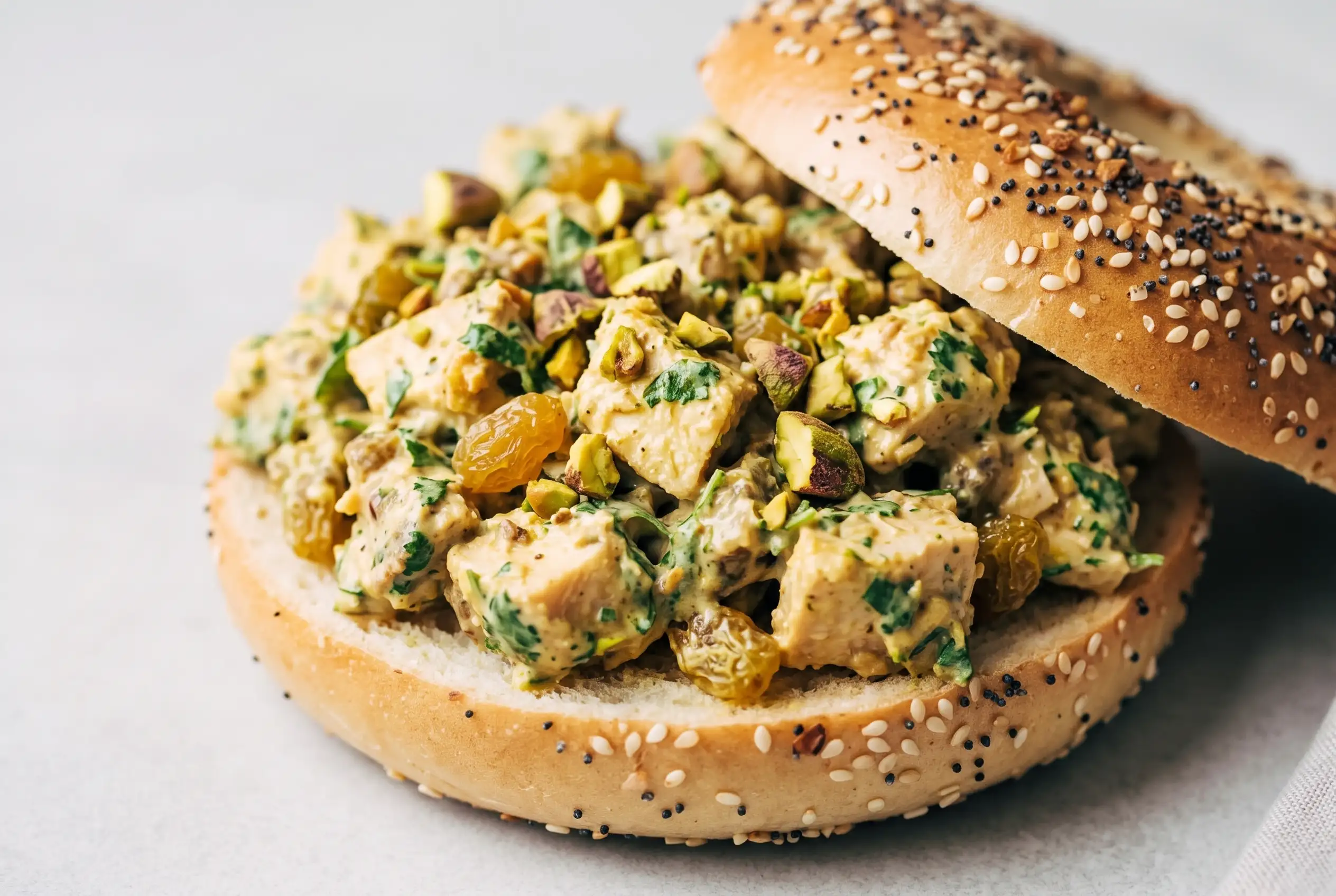 Curry chicken salad with Greek yogurt and pistachios served on an everything bagel