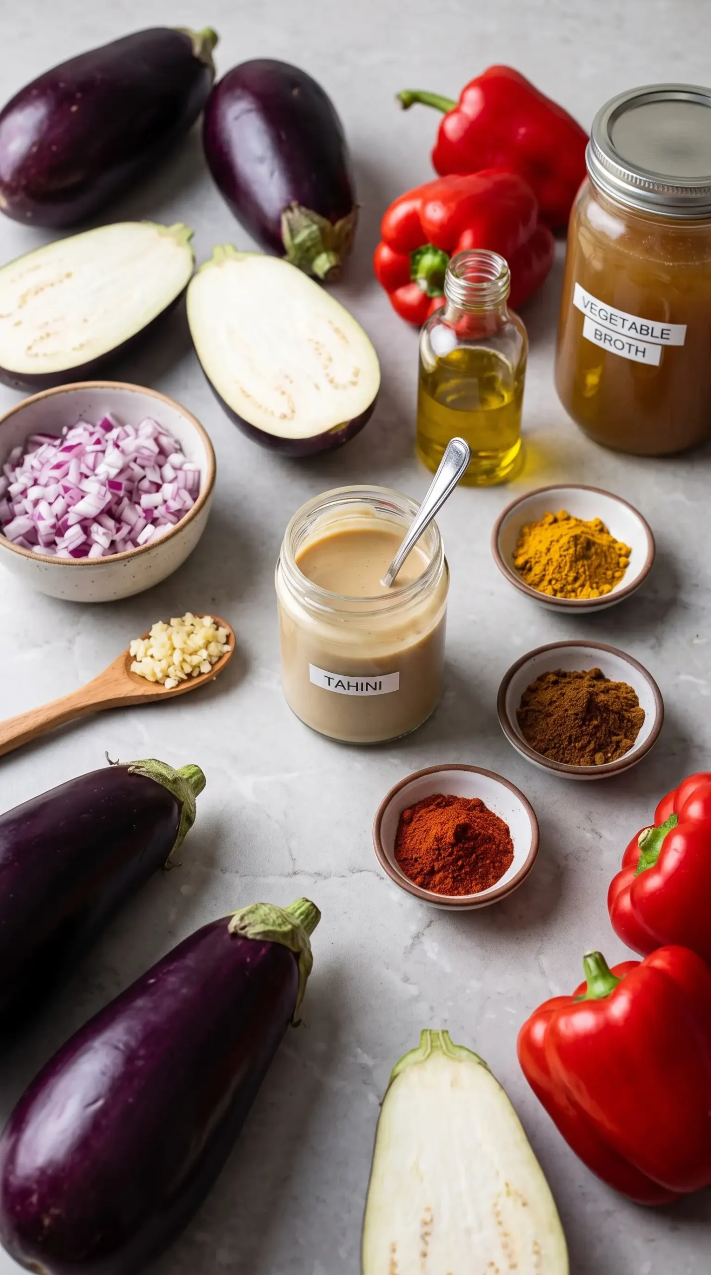 Eggplant, red peppers, tahini, spices, and broth prepared for curry eggplant soup