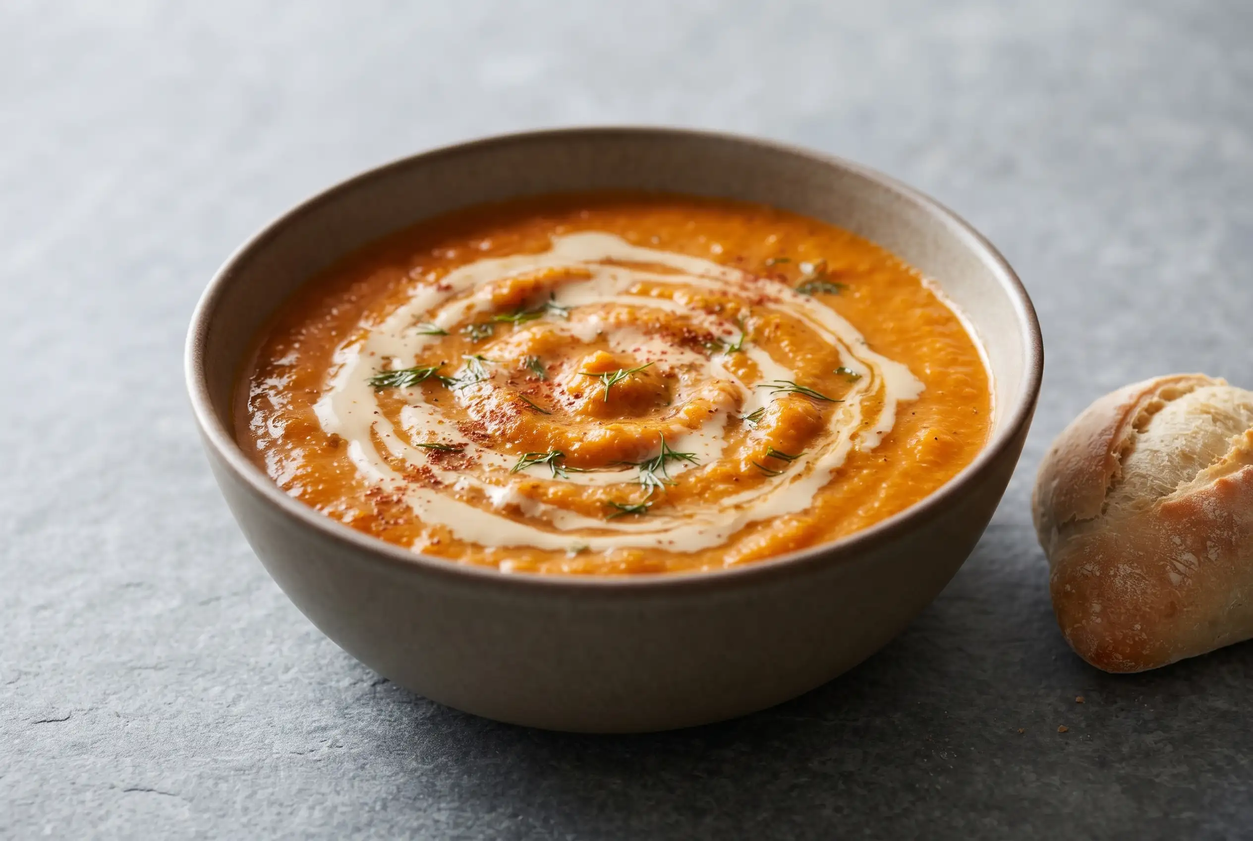 Curry Eggplant Soup Bowl Curry eggplant soup with roasted red peppers and tahini swirl in a serving bowl