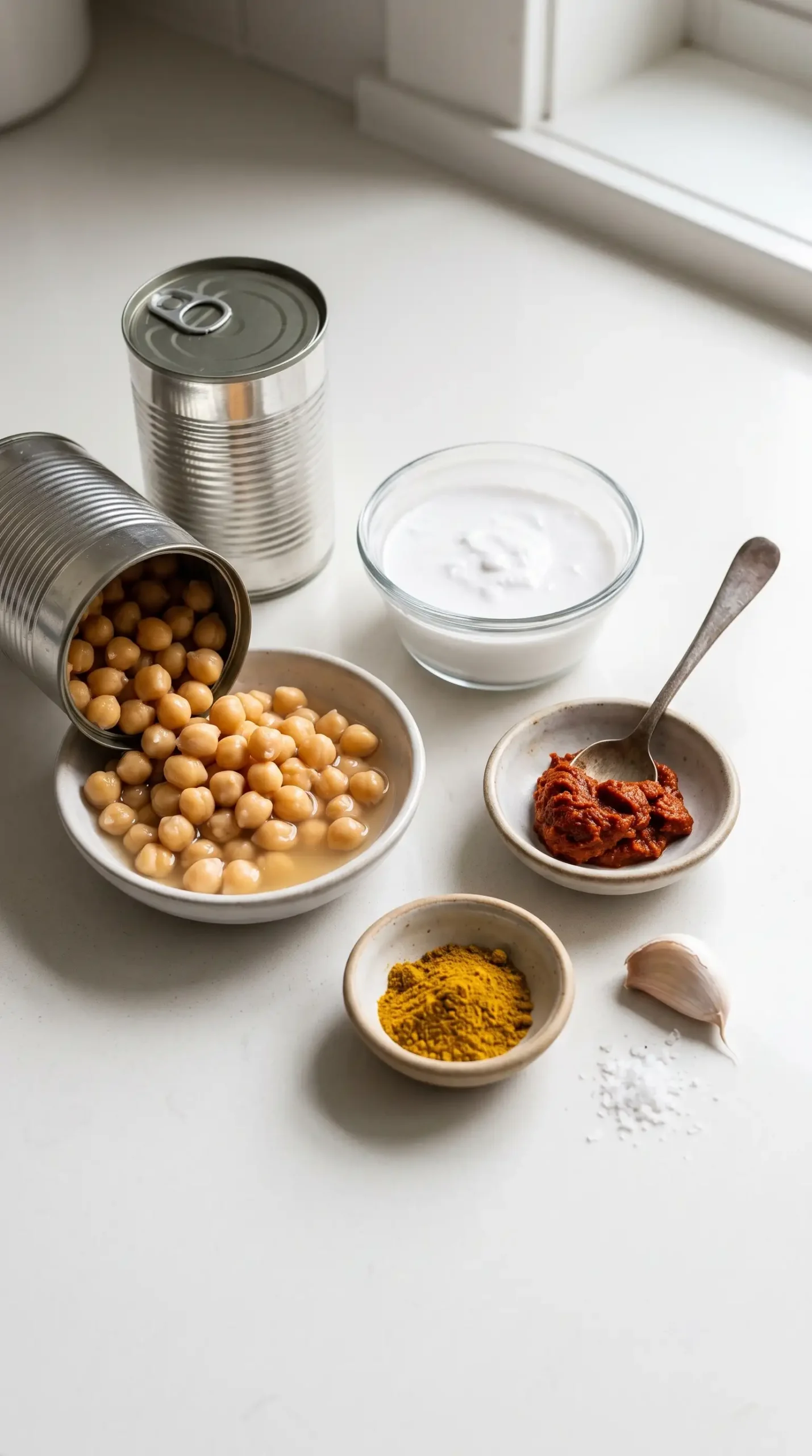 Ingredients for curry hummus including chickpeas, coconut milk, red curry paste, and spices