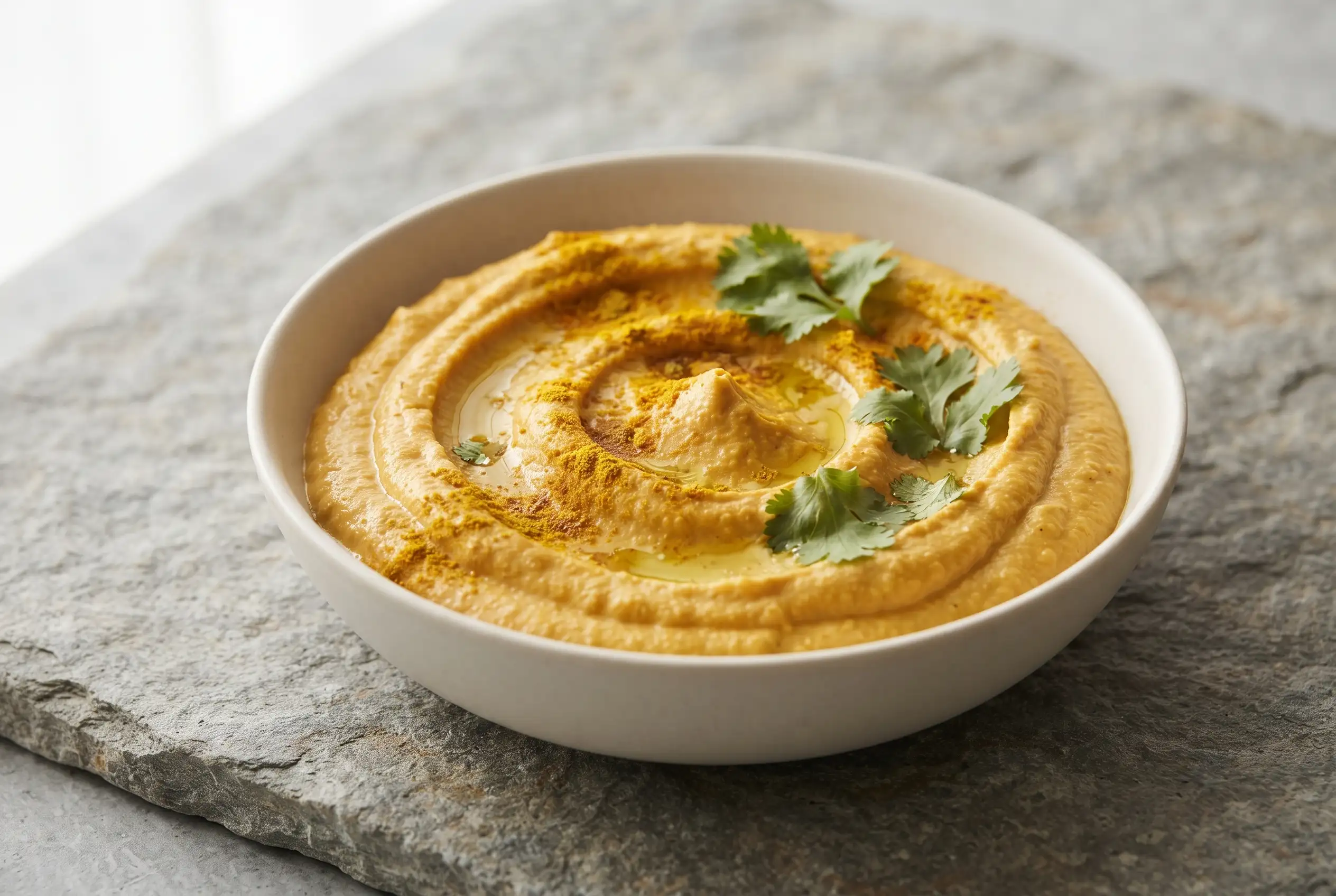 Curry hummus in a bowl with a smooth chickpea texture and warm orange curry color