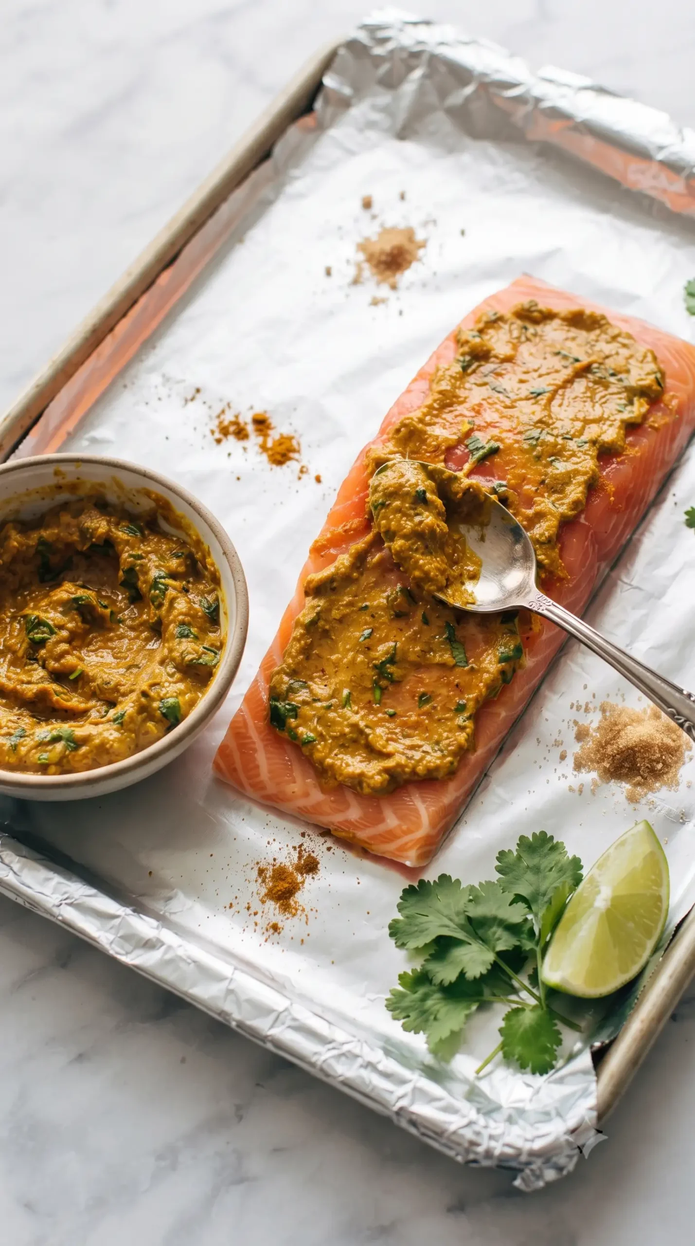 Salmon fillet coated with curry seasoning paste on a foil-lined baking sheet