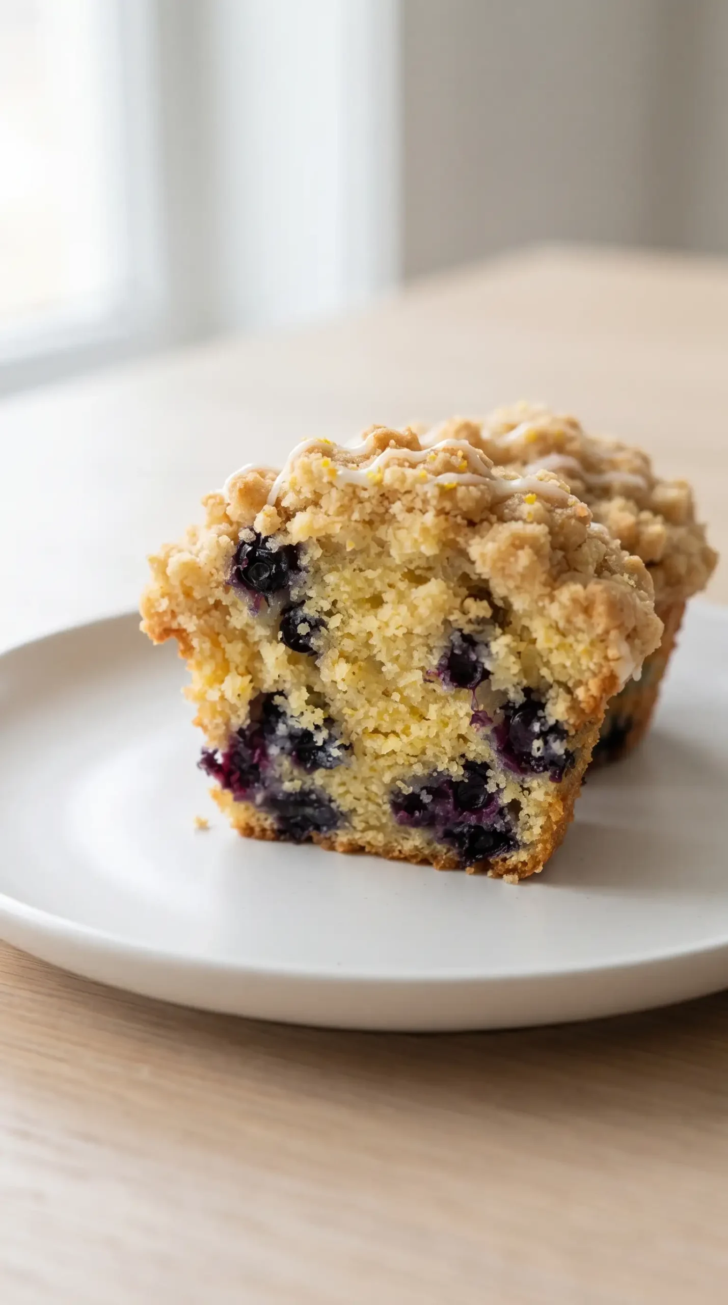 Cut cornmeal blueberry muffin showing tender crumb, blueberries, and crisp lemon streusel topping