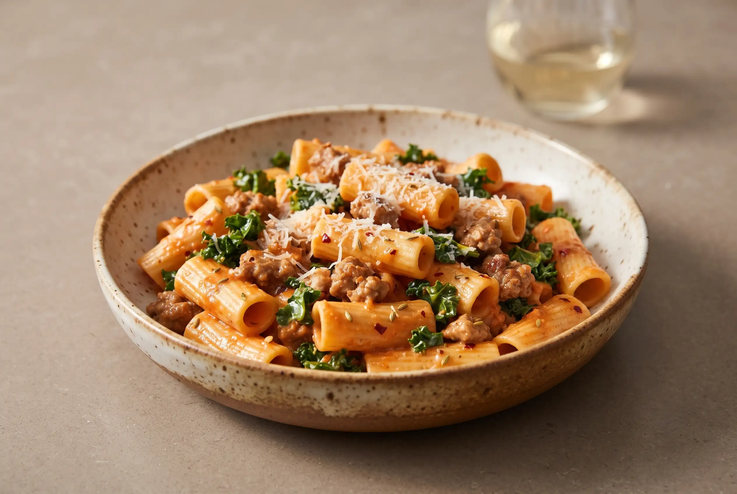 Date night rigatoni with sausage cream sauce, kale, and Parmesan in a pasta bowl