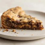 Deep dish chocolate chip cookie slice with caramel center and sea salt on a ceramic plate