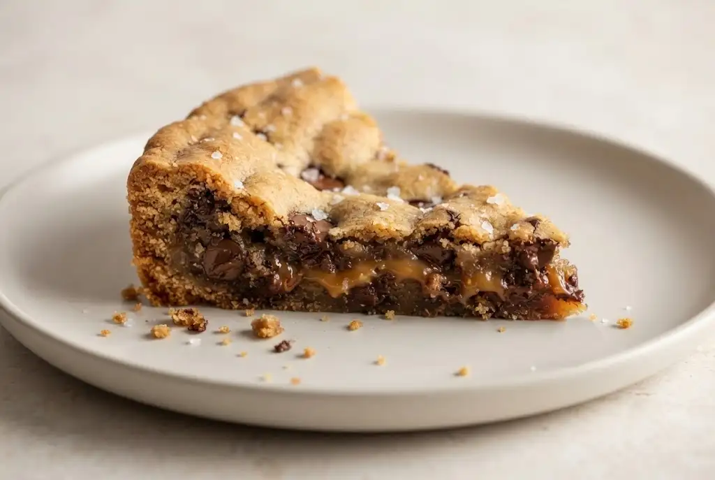 Deep dish chocolate chip cookie slice with caramel center and sea salt on a ceramic plate