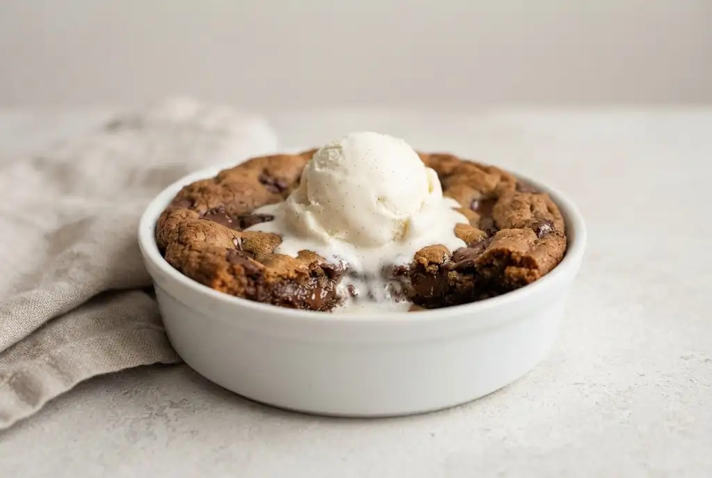 Deep dish cookie with chocolate chips and vanilla ice cream topping in a ramekin
