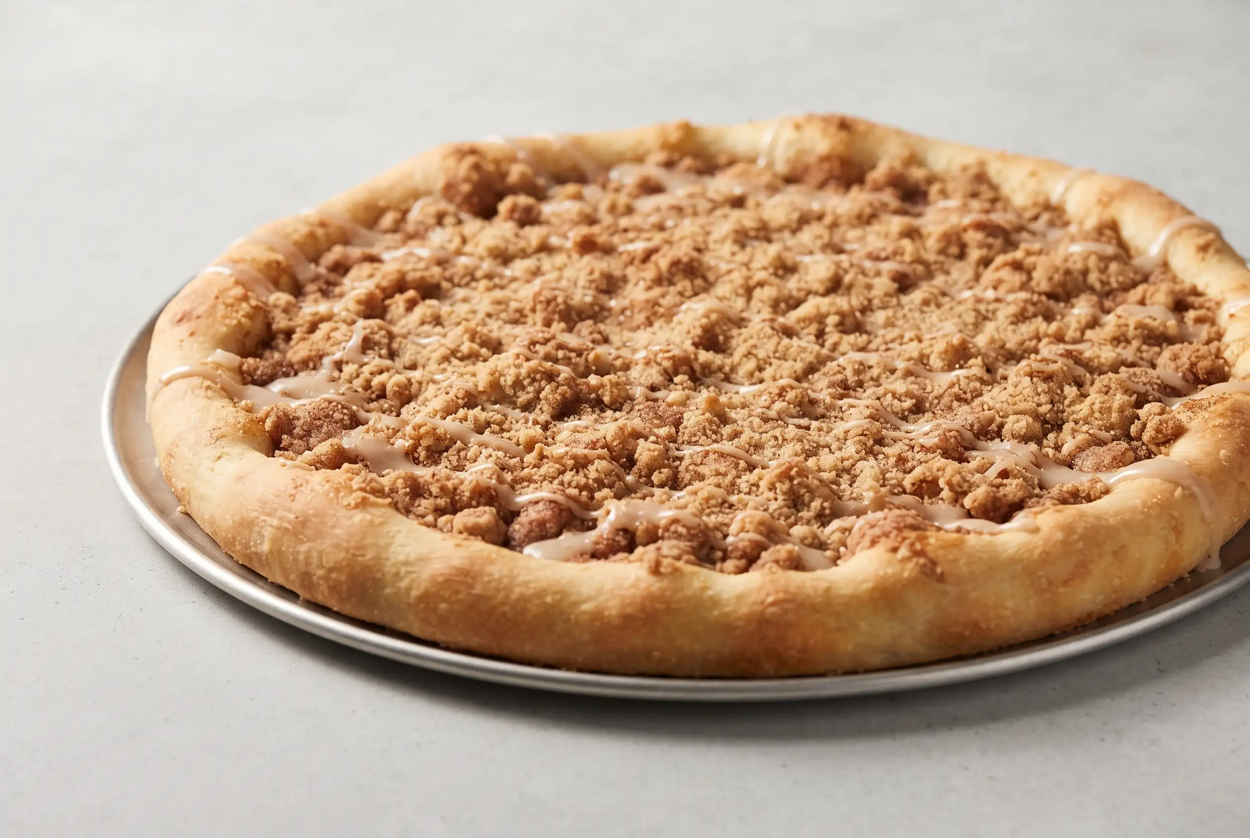 Deep dish cinnamon streusel dessert pizza with maple glaze in a round baking pan