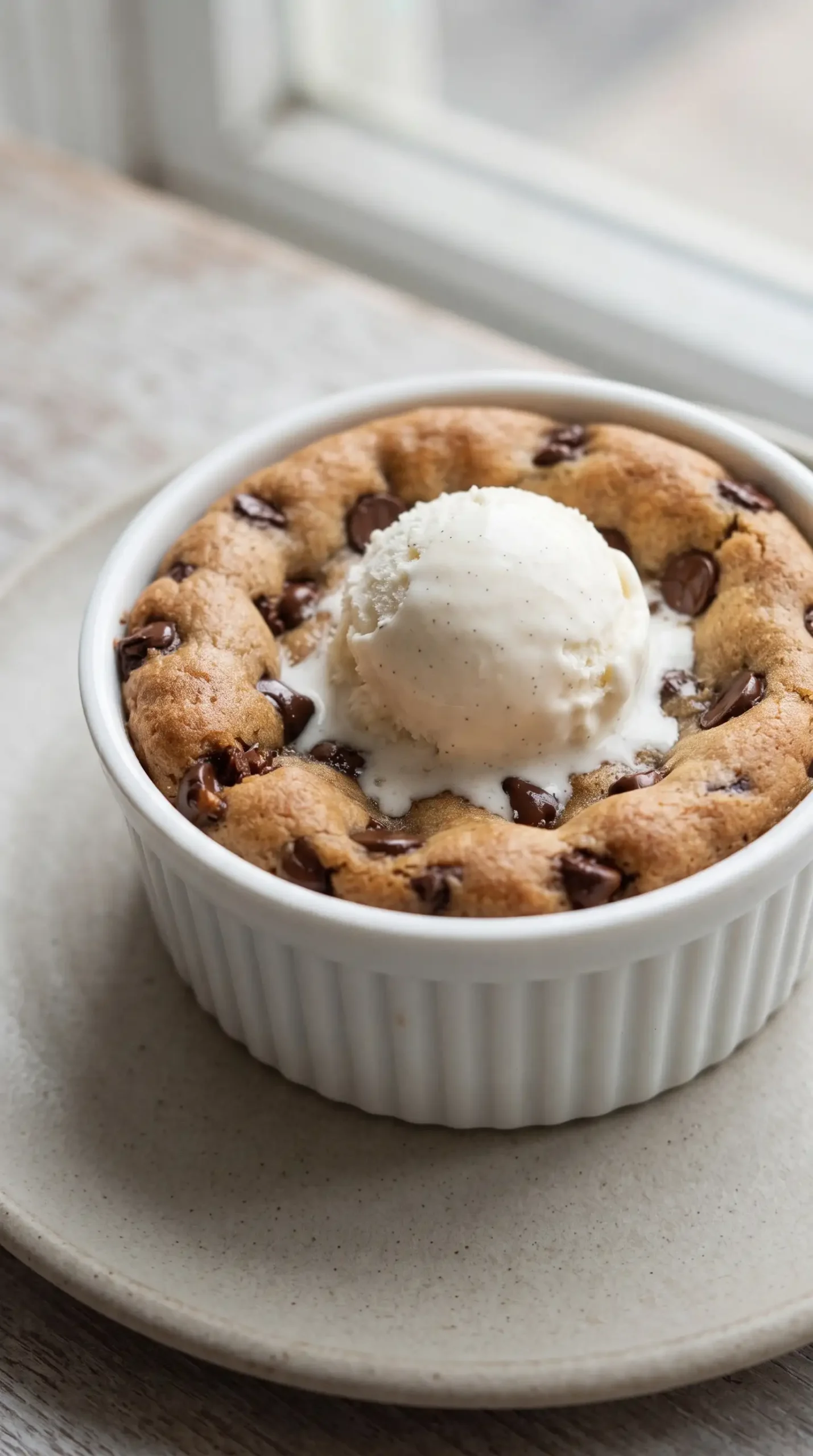 Deep dish chocolate chip cookie bowl with vanilla ice cream in a ceramic ramekin