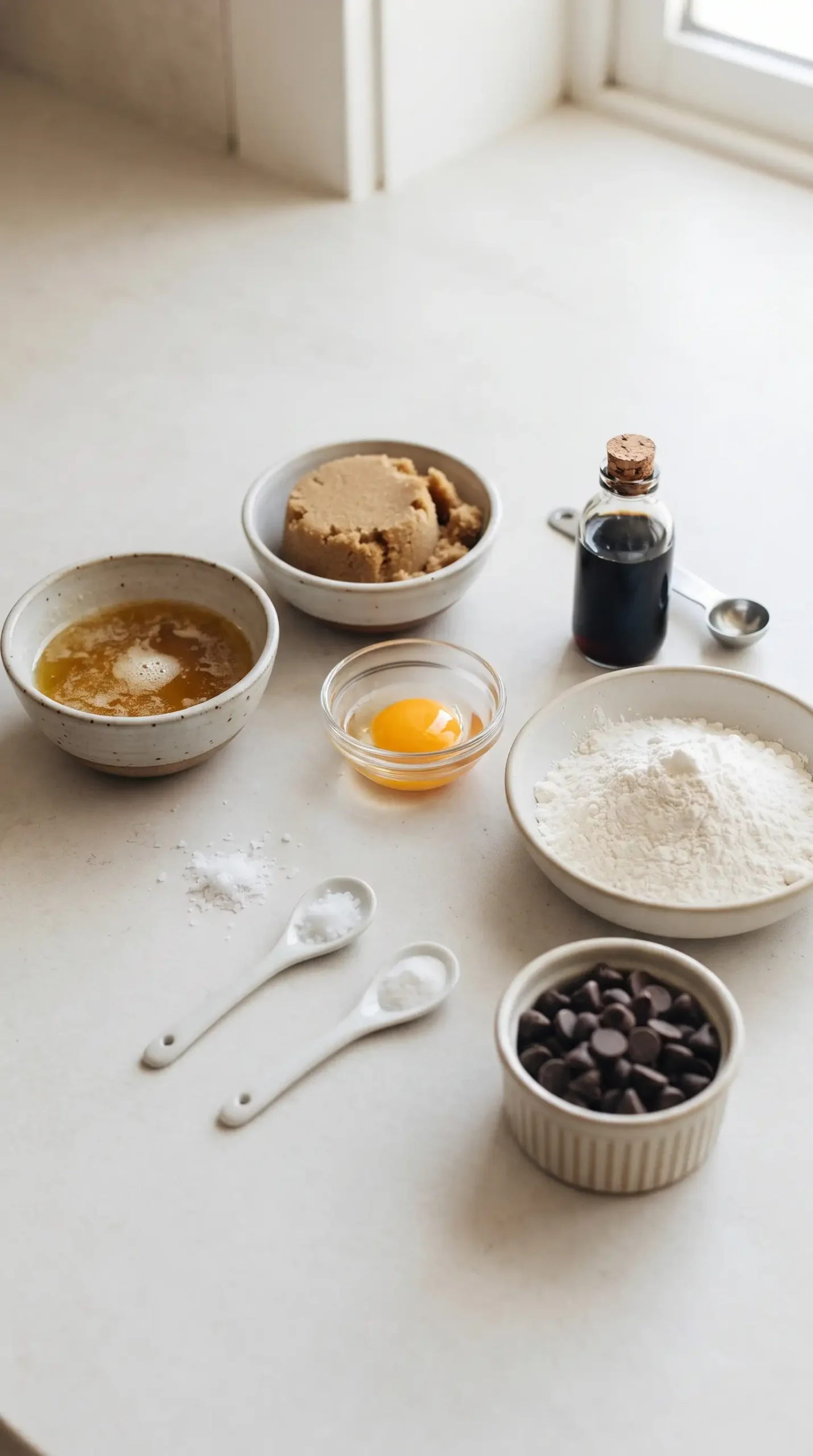 Butter, brown sugar, egg yolk, vanilla, flour, baking soda, salt, and chocolate chips
