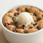 Deep dish cookie bowl with chocolate chips and vanilla ice cream in a white ramekin
