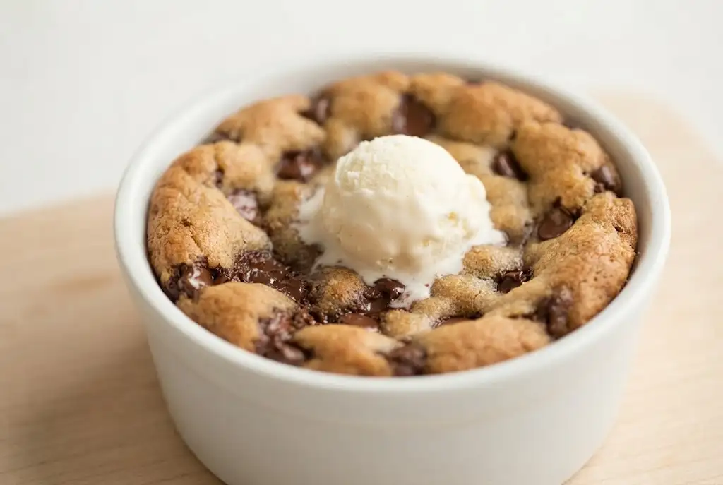 Deep dish cookie bowl with chocolate chips and vanilla ice cream in a white ramekin