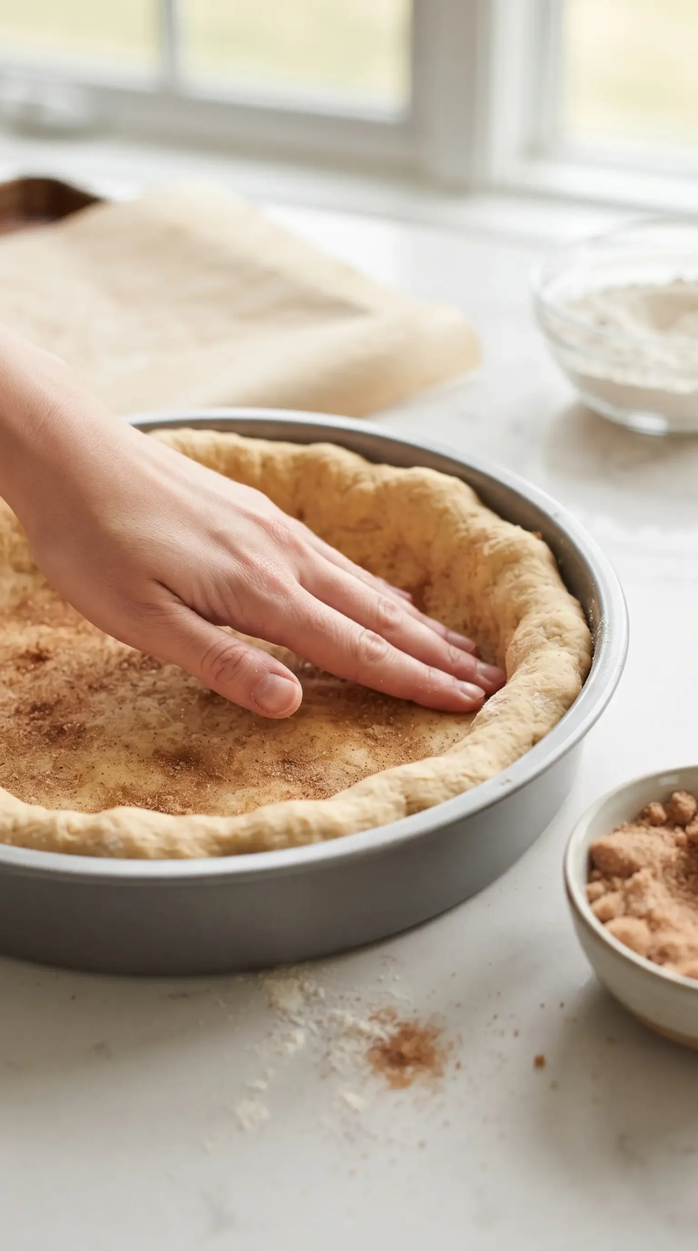 Deep dish dessert pizza dough pressed into a round pan with cinnamon sugar