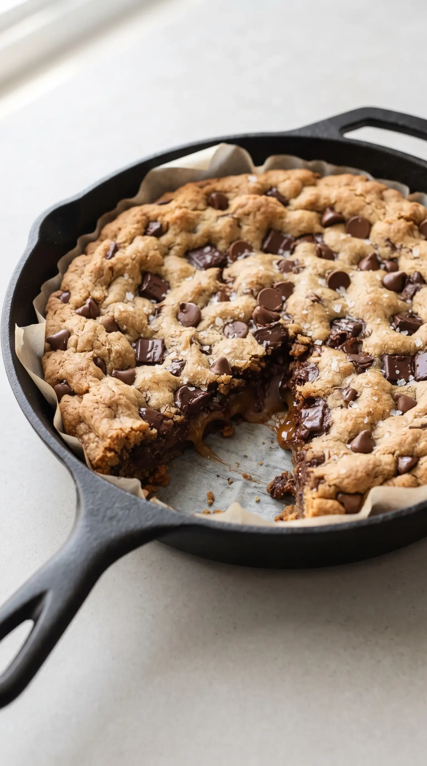 Deep dish chocolate chip cookie baked in a skillet with chocolate chips and caramel layer