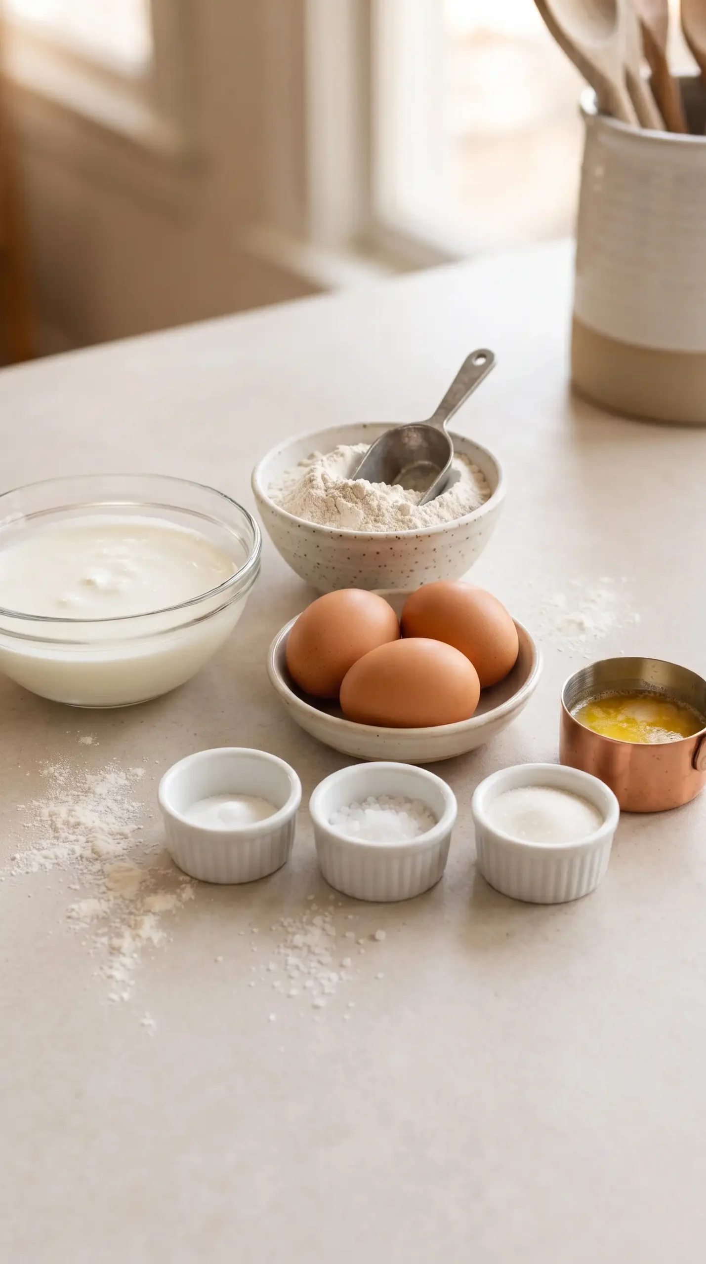 Buttermilk, whole wheat pastry flour, eggs, and baking ingredients for dinner pancakes