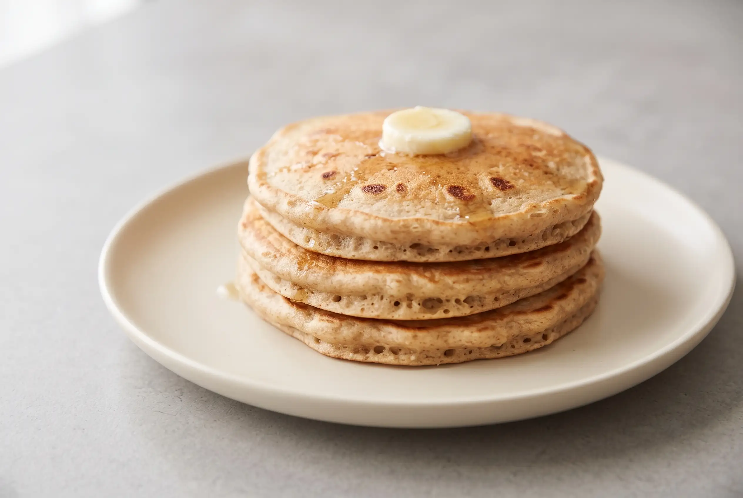 Stack of golden dinner pancakes with buttermilk and whole wheat flour on a ceramic plate