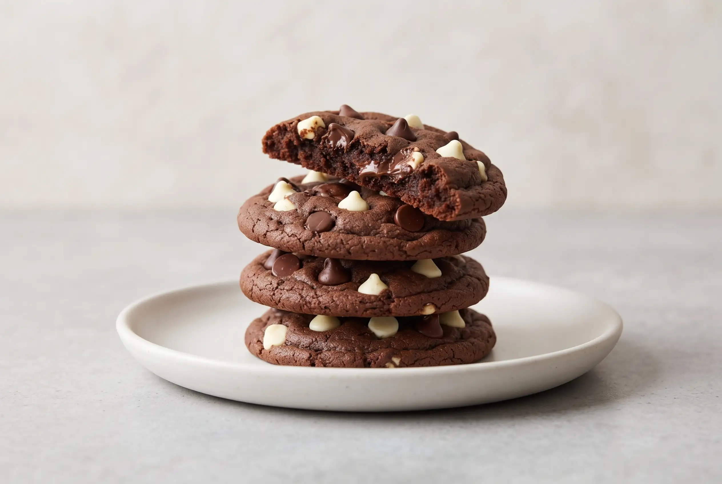 Stack of double chocolate cake mix cookies with chocolate chips and white chocolate chips on a plate