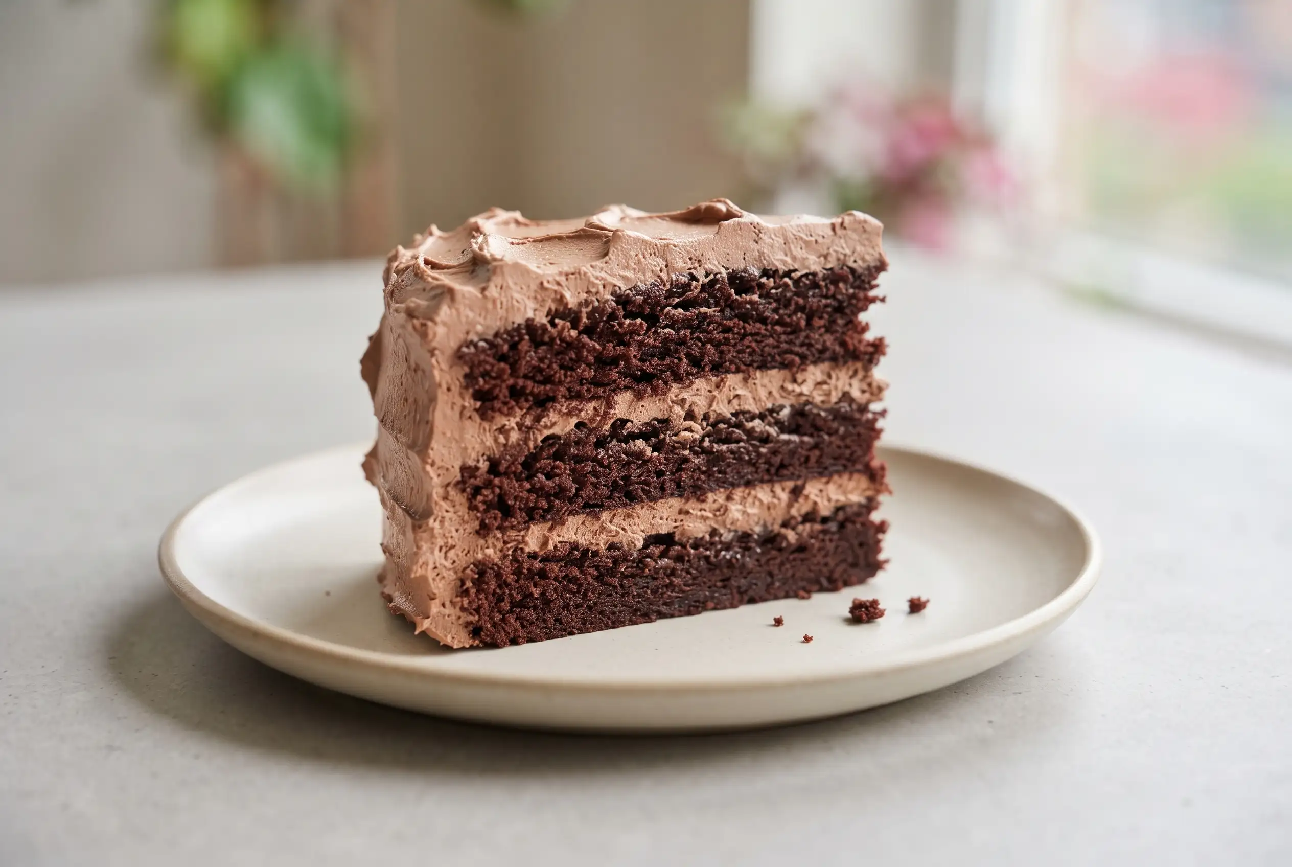 Slice of double chocolate cake with three moist layers and smooth chocolate buttercream frosting