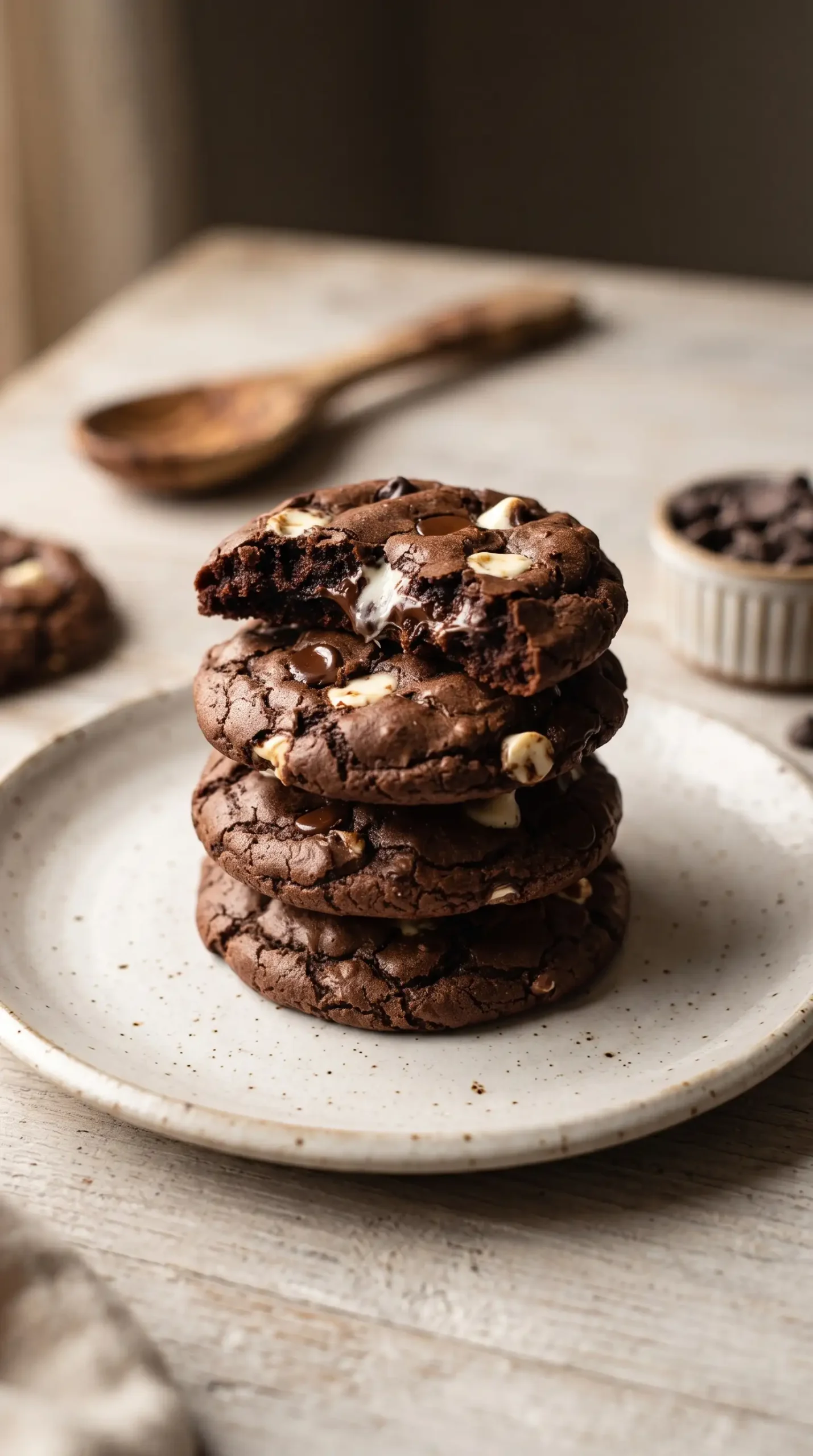 Soft double chocolate cookies with chocolate chips and white chocolate chips on a plate