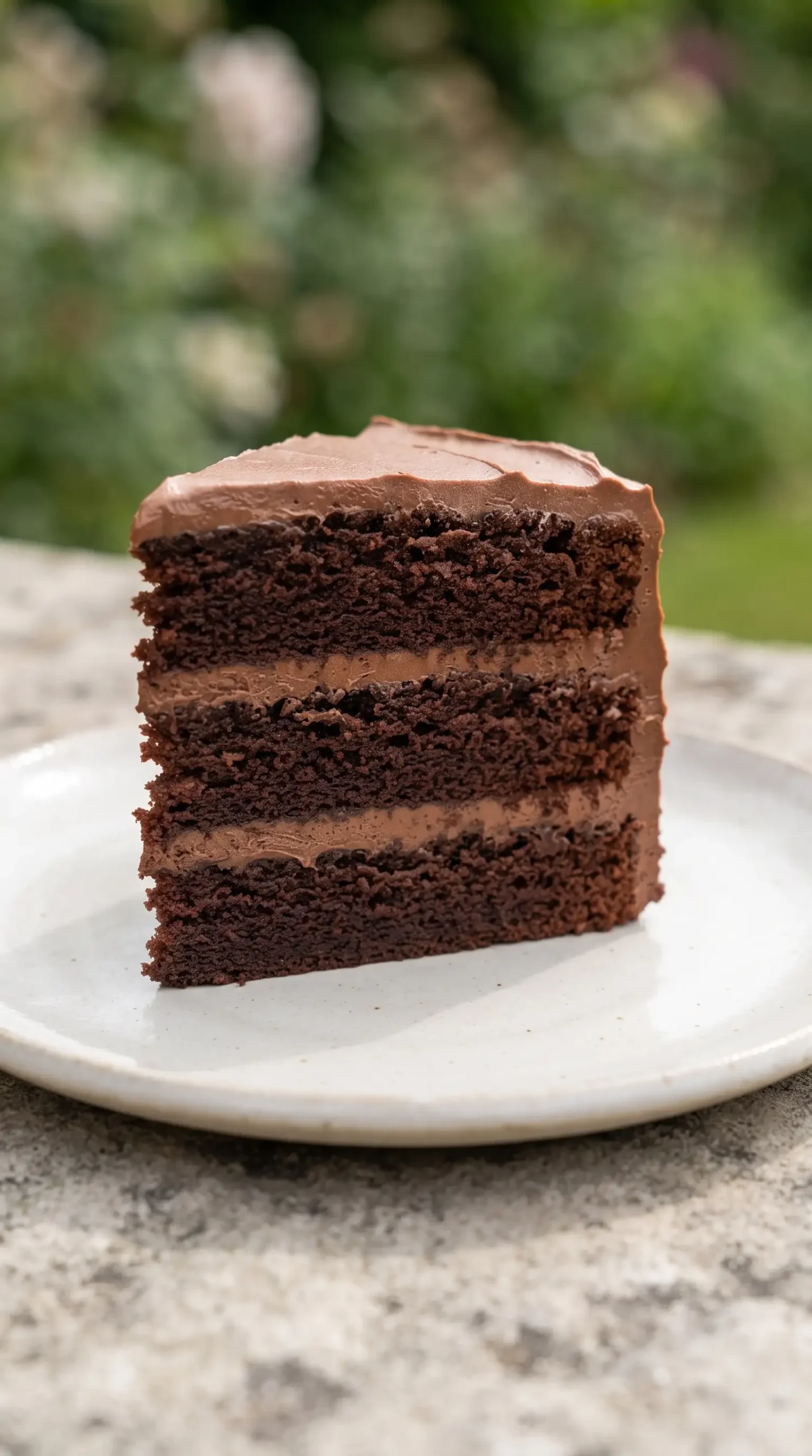 Three-layer double chocolate cake slice showing moist cocoa cake and smooth buttercream between layers