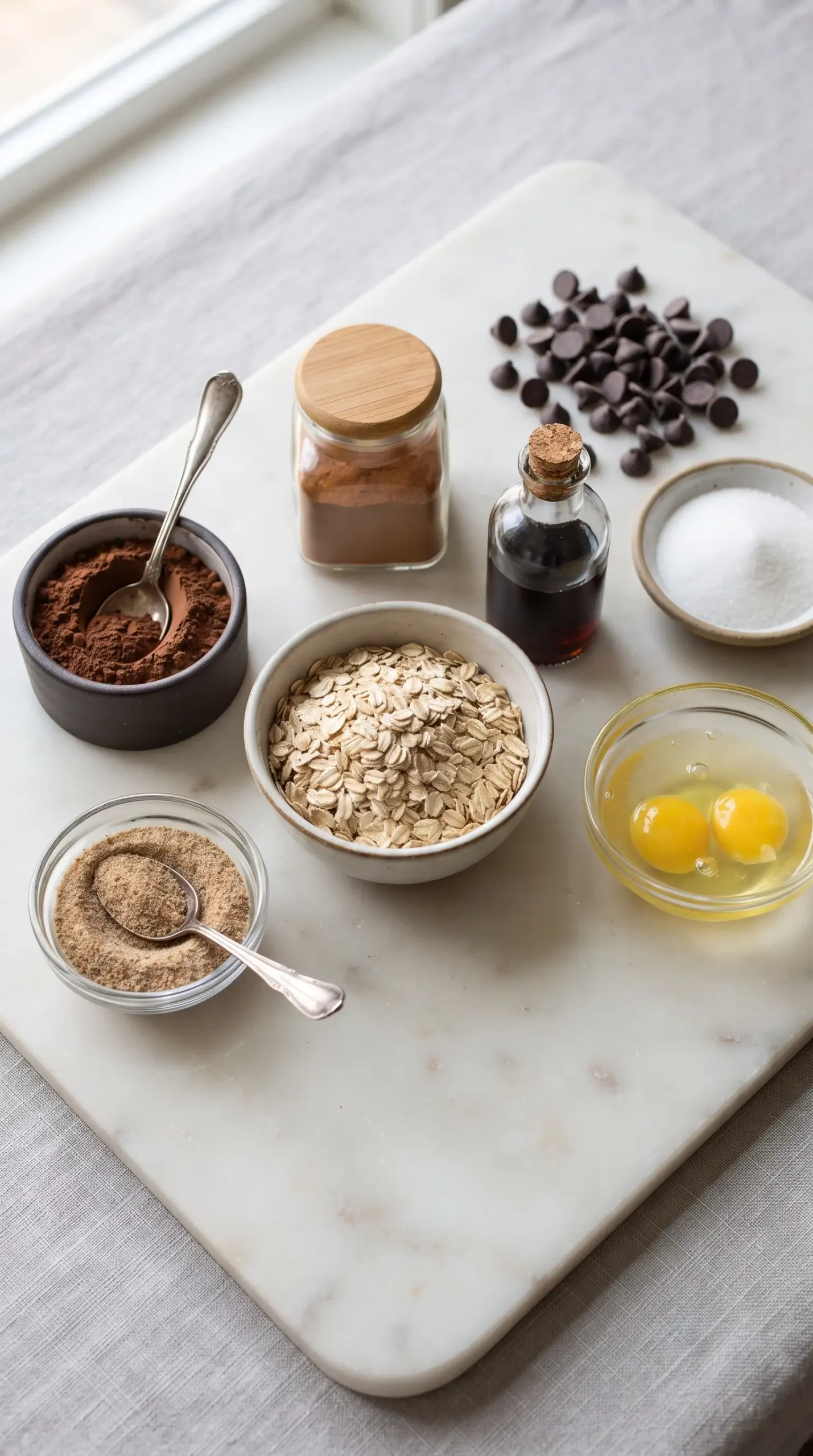 Rolled oats, cocoa powder, vanilla, flaxmeal, egg whites, and chocolate chips for oatmeal