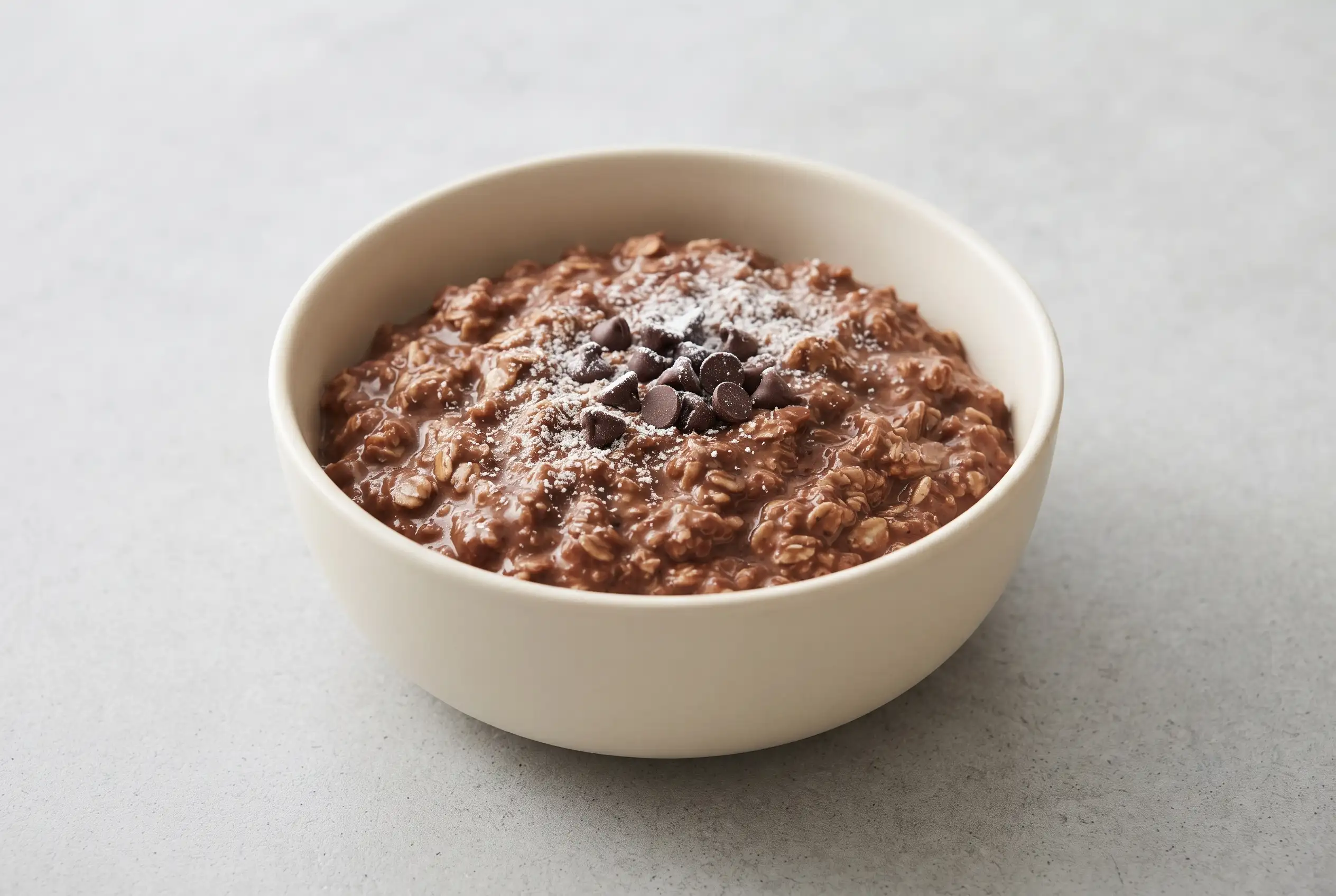 Double chocolate oatmeal with cocoa, vanilla, powdered sugar, and chocolate chips in a bowl