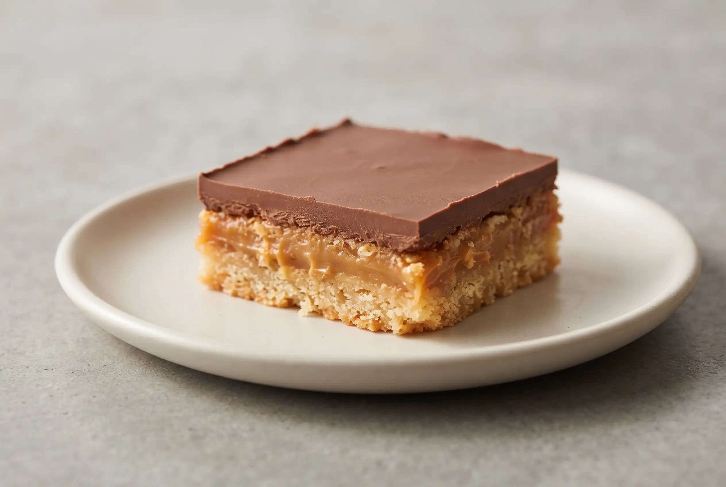 Dulce de leche bars with coconut crust, caramel filling, and milk chocolate topping