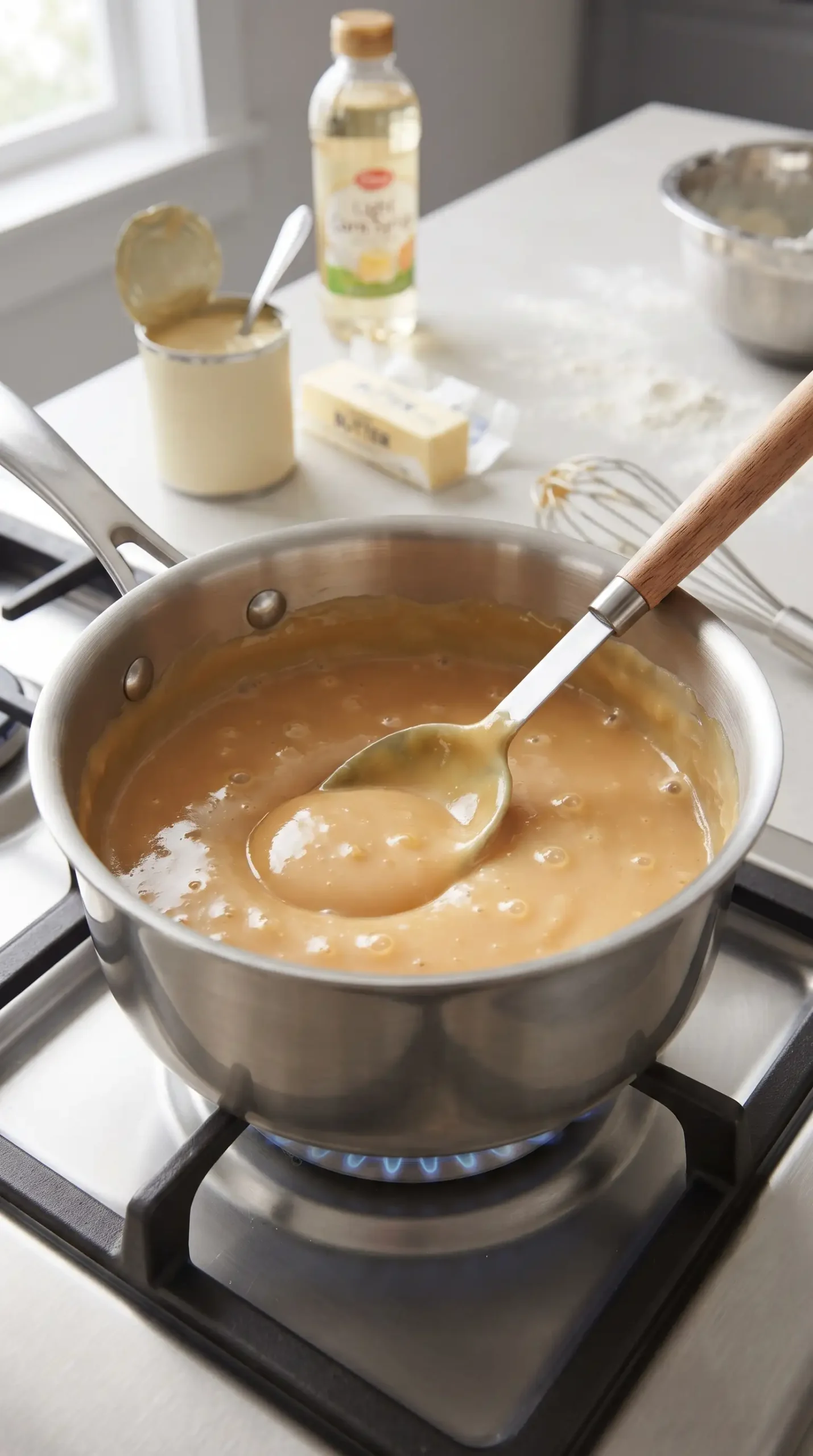 Dulce de leche caramel filling cooking in a saucepan with condensed milk mixture