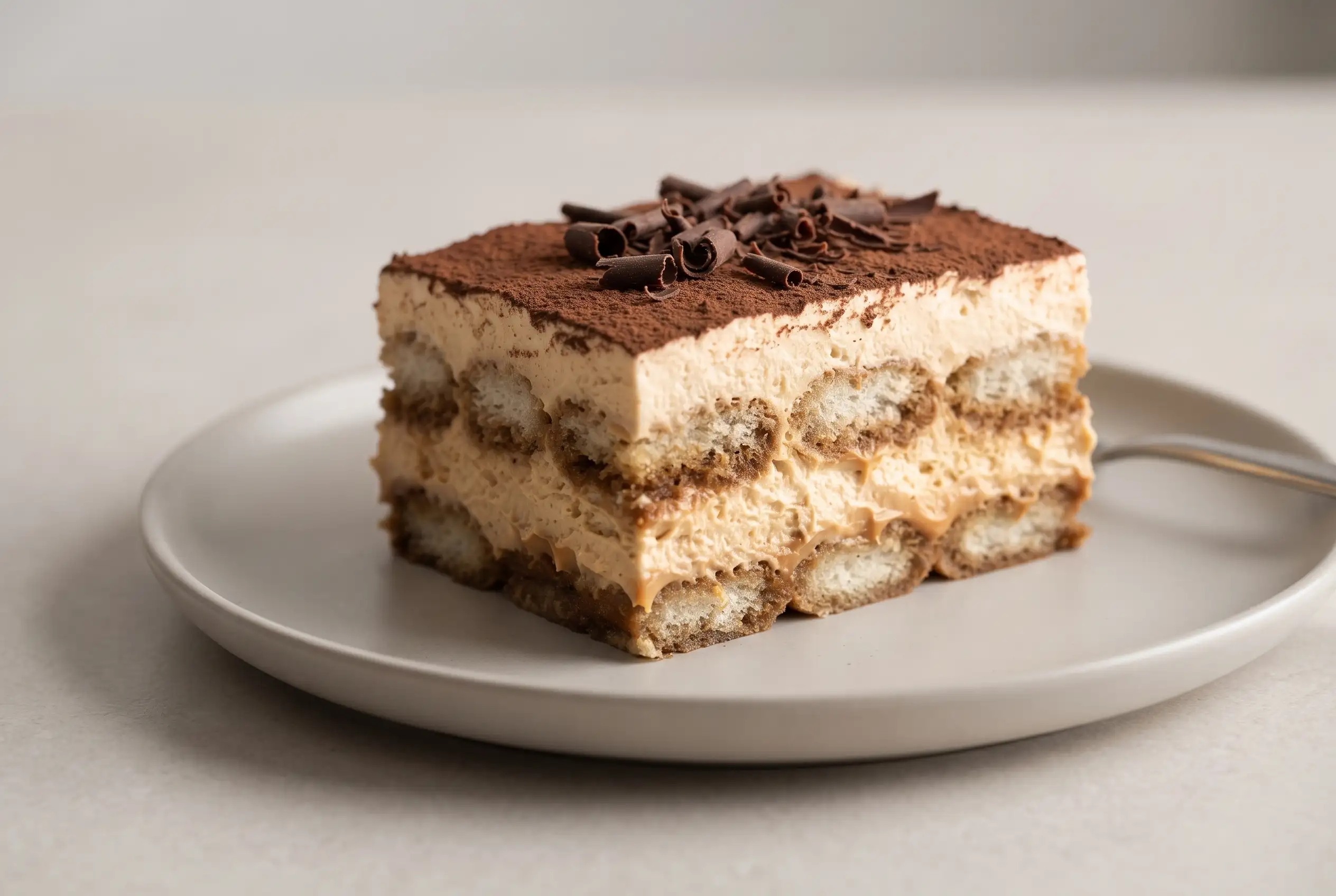 Dulce de leche tiramisu slice with espresso-soaked ladyfingers, mascarpone cream, cocoa, and chocolate shavings