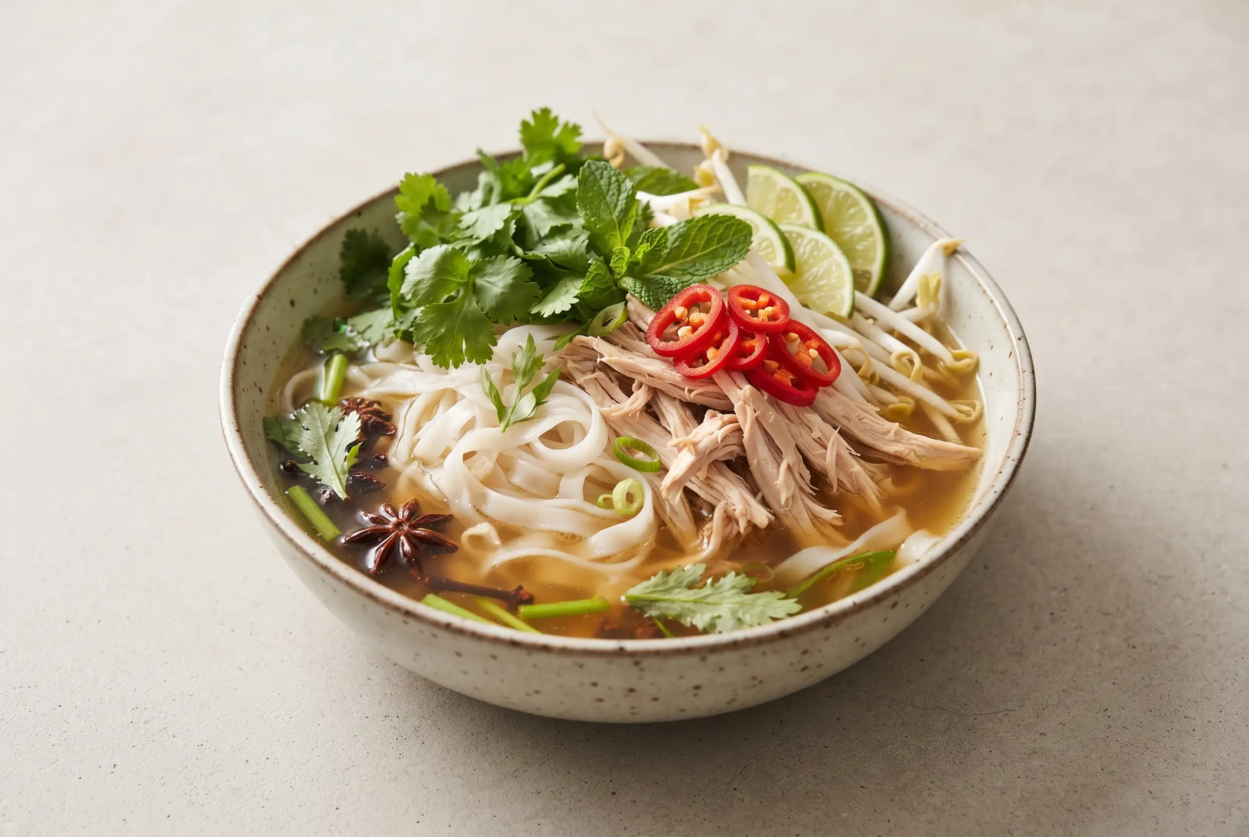Bowl of turkey noodle soup with rice noodles, shredded turkey, fresh herbs, lime, and aromatic broth