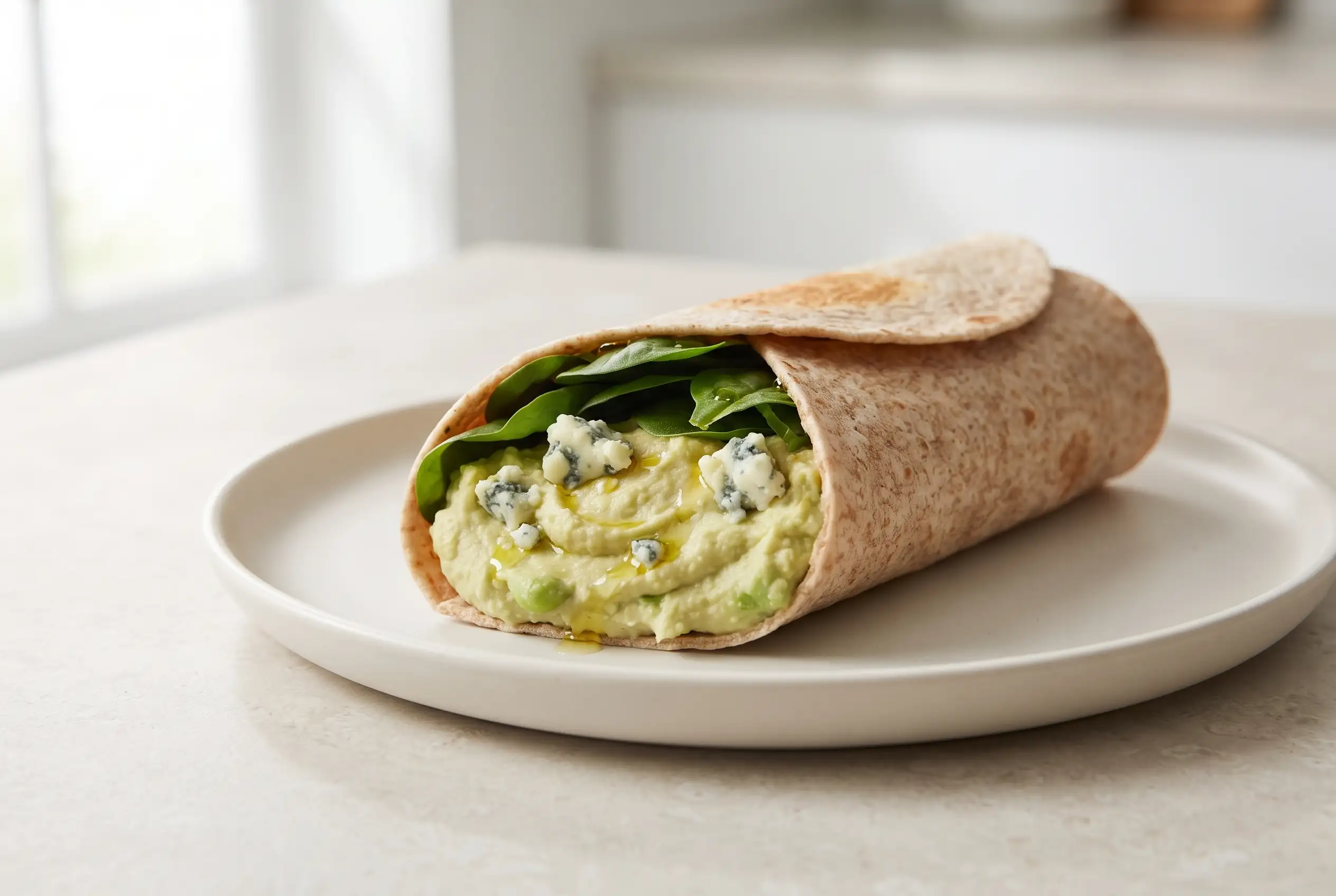 Edamame hummus wrap filled with spinach, crumbled blue cheese, and a light drizzle of olive oil