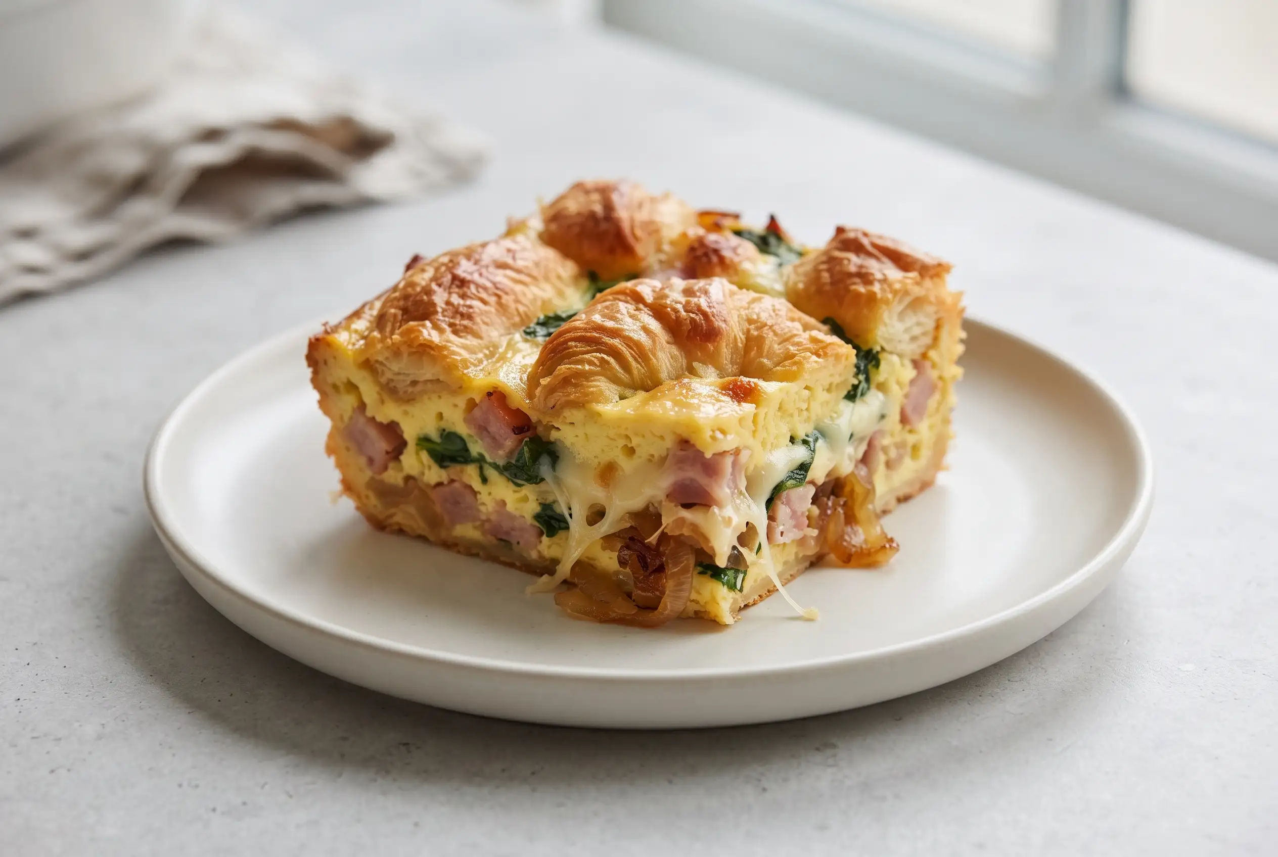 Slice of egg and croissant bake with ham, spinach, cheese, and caramelized onions