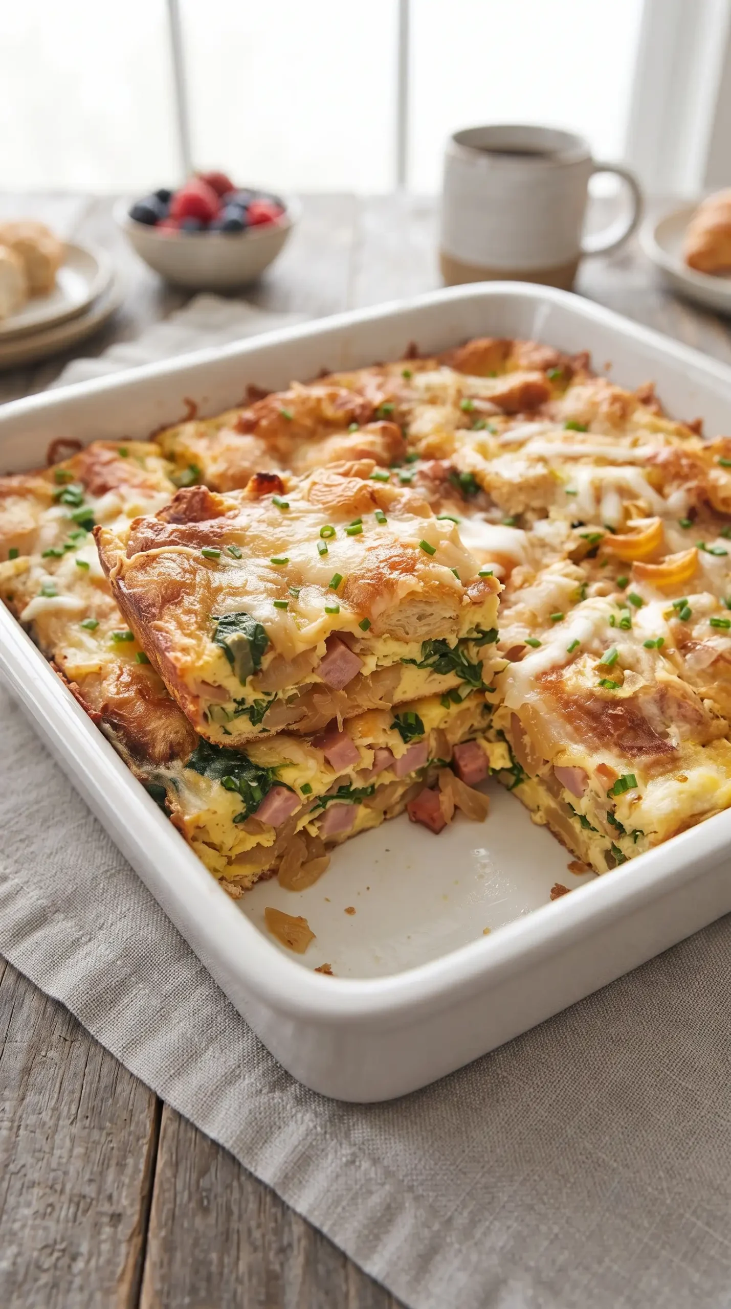 Egg and croissant bake in a ceramic dish with a cut slice showing ham, spinach, cheese, and onions