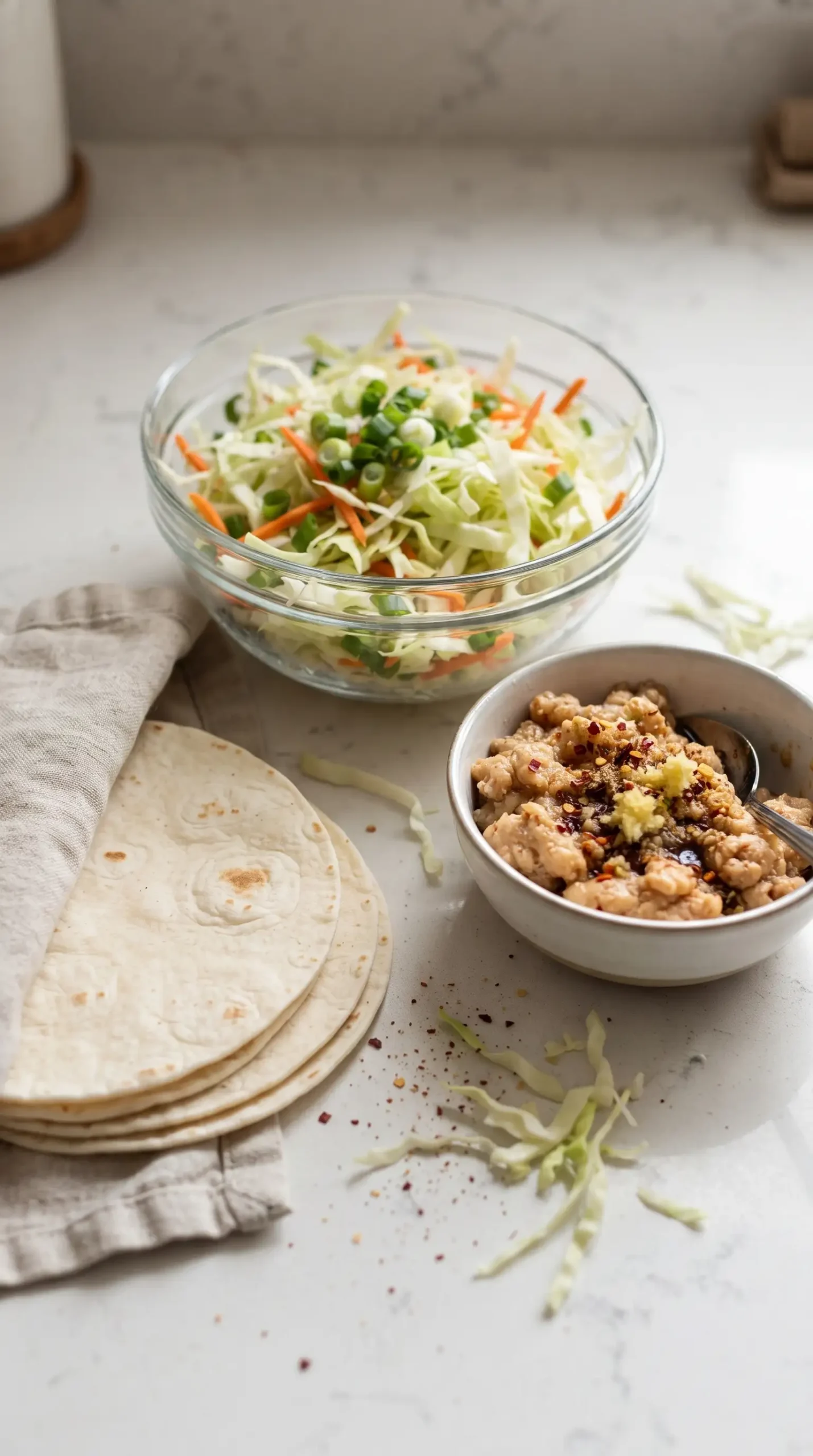 Flour tortillas, cabbage carrot mix, and seasoned meat filling for egg roll tacos