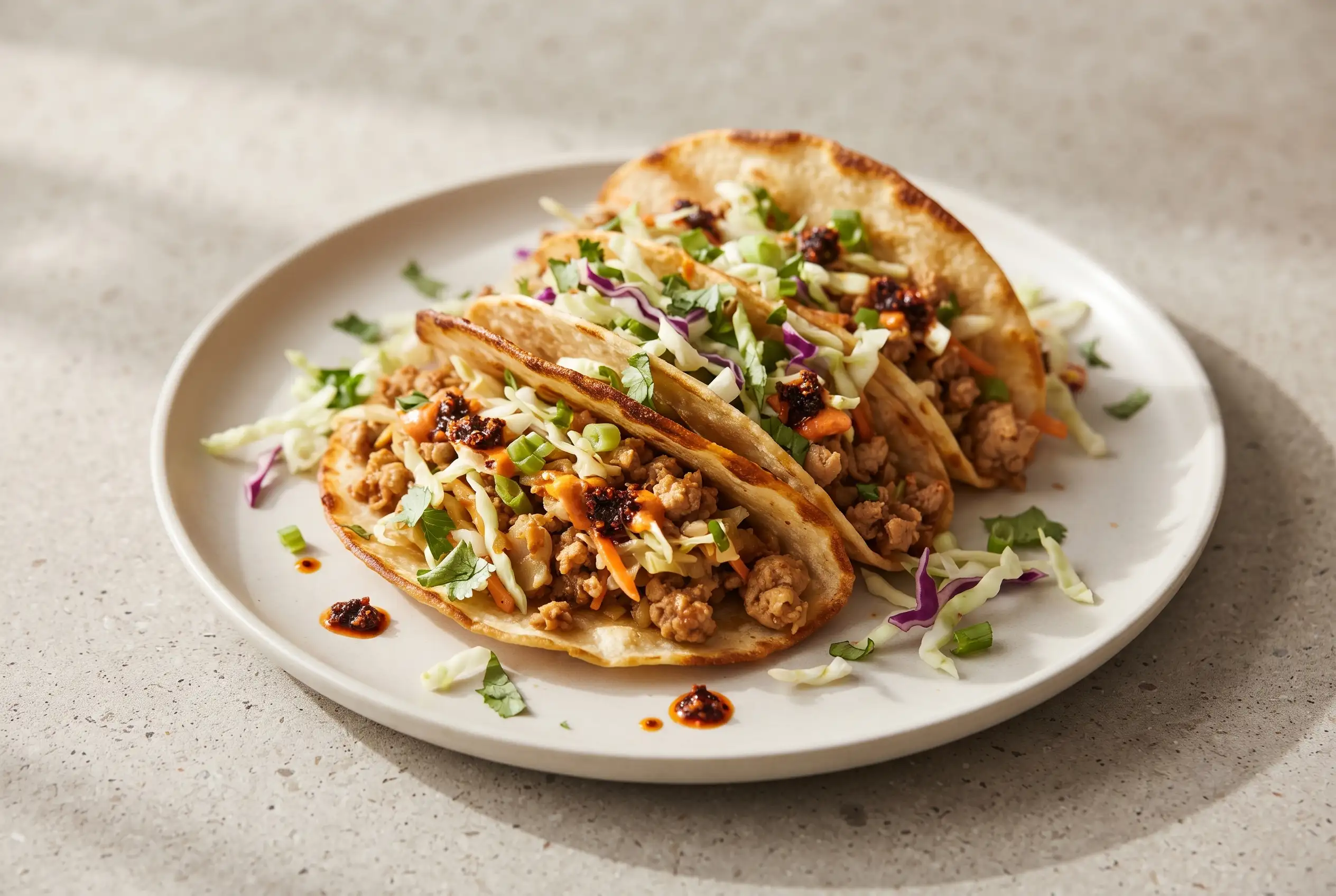 Egg roll tacos with cabbage, carrots, savory filling, cilantro, and spicy sauces on a plate