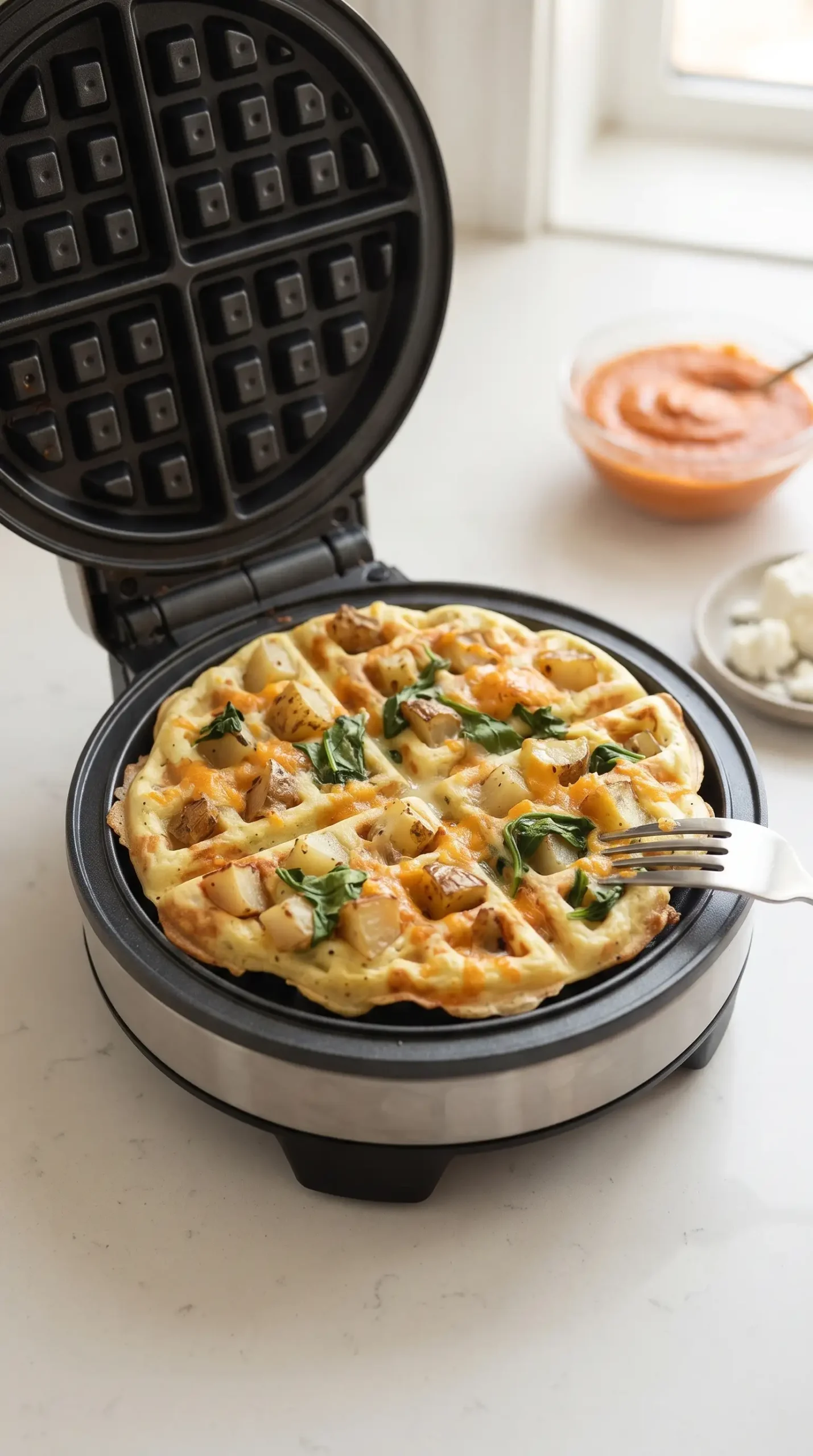 Egg waffle cooking in a waffle iron with potato, spinach, and melted cheese