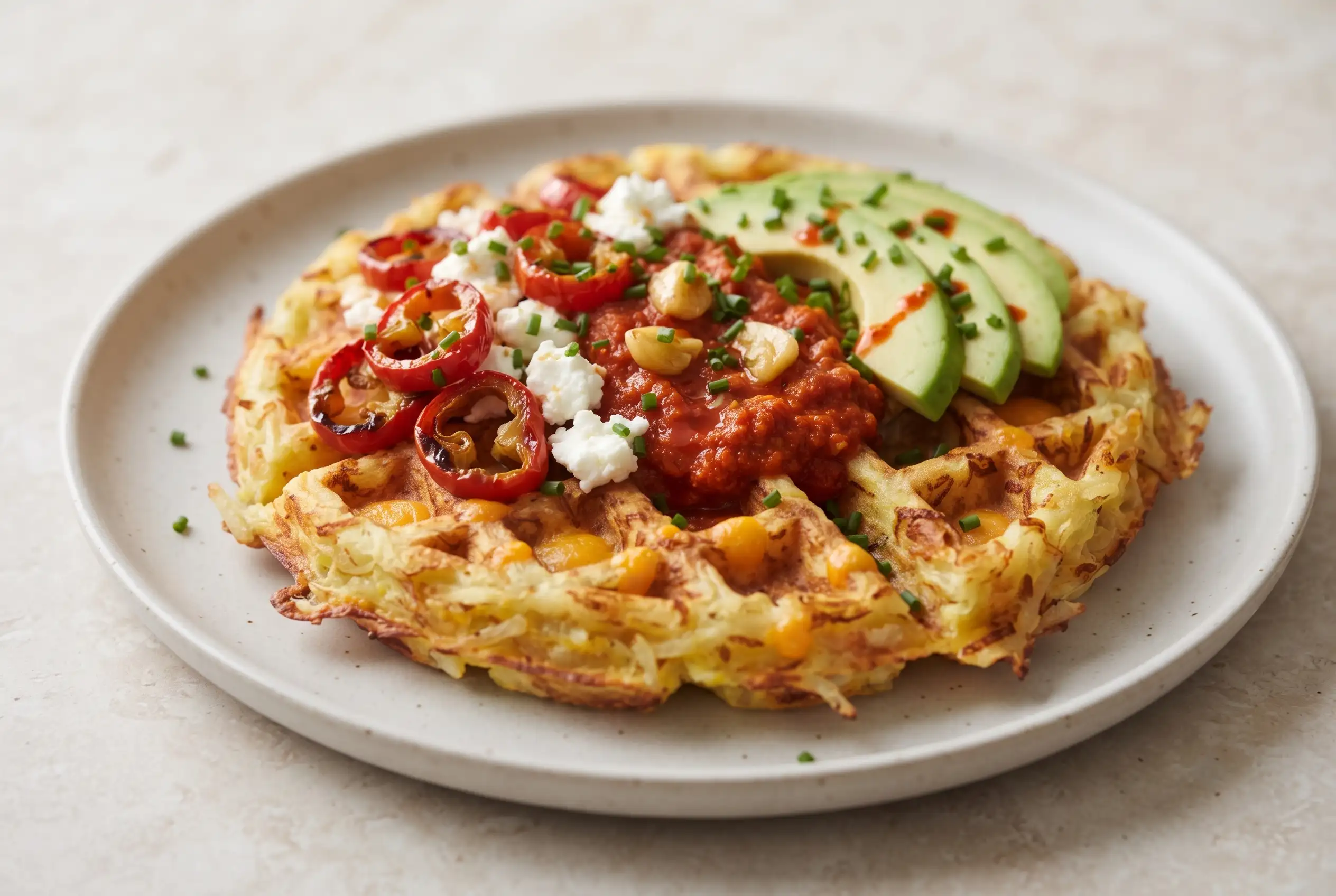 Egg waffles topped with romesco sauce, goat cheese, peppers, avocado, and chives