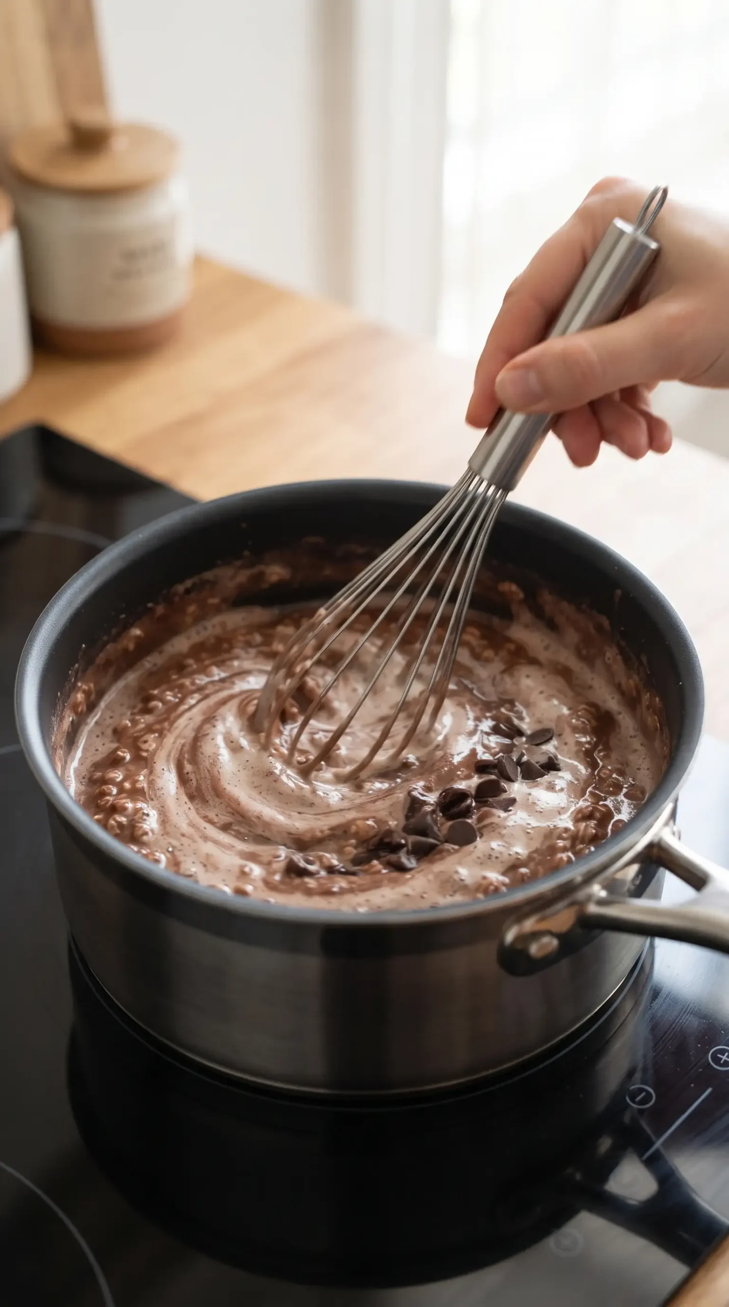 Whisking egg whites into cocoa oatmeal in a saucepan for a fluffy texture
