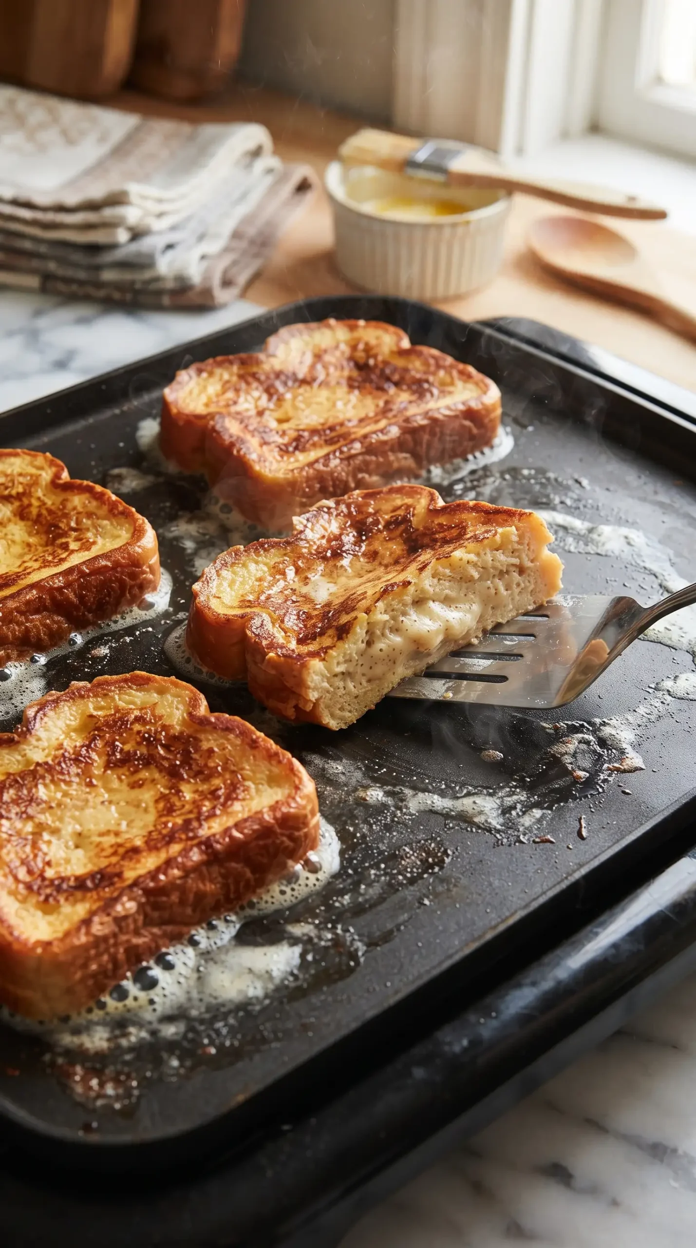 Eggnog French toast slices cooking on a griddle with a golden-brown crust