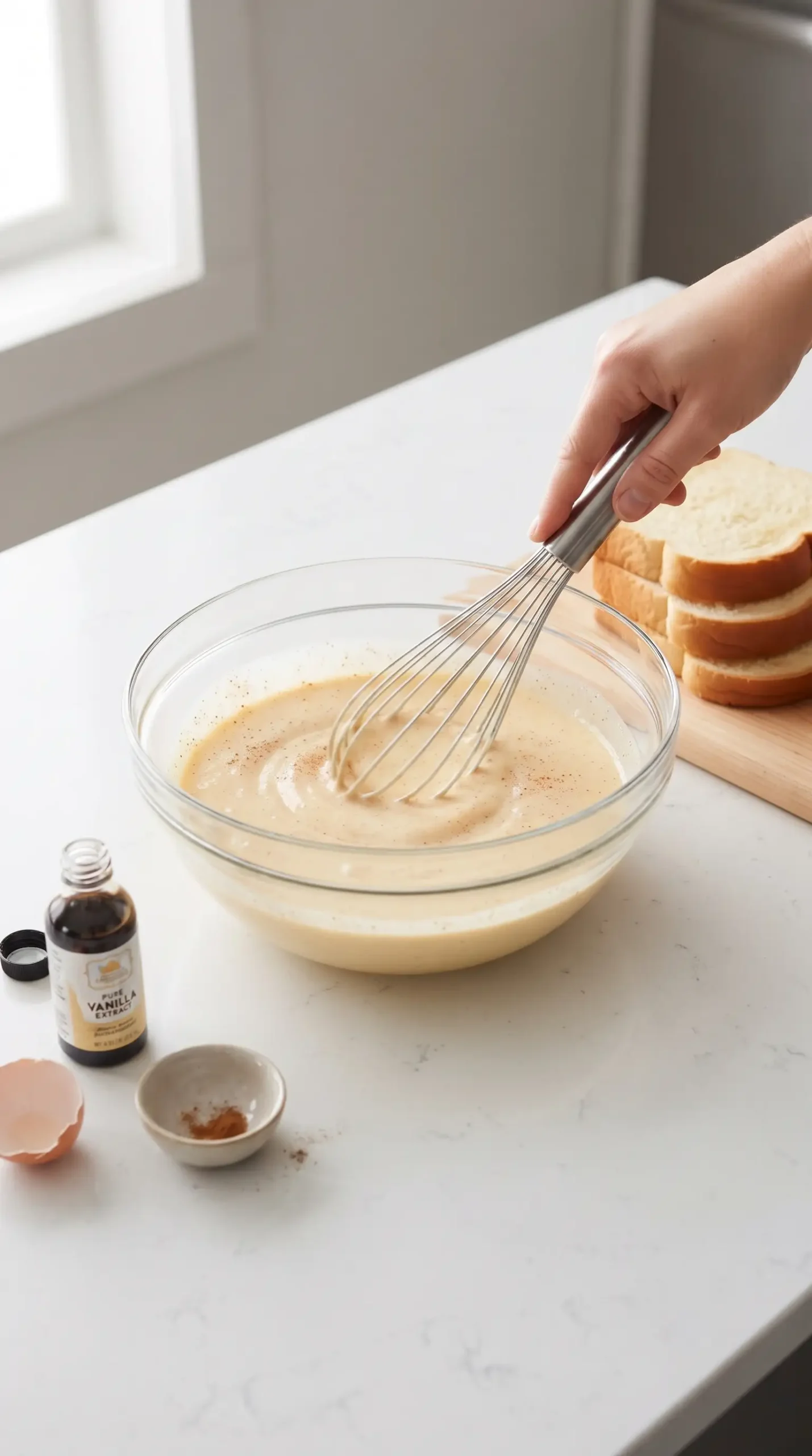 Eggnog French toast custard mixture with eggs, eggnog, vanilla, and cinnamon