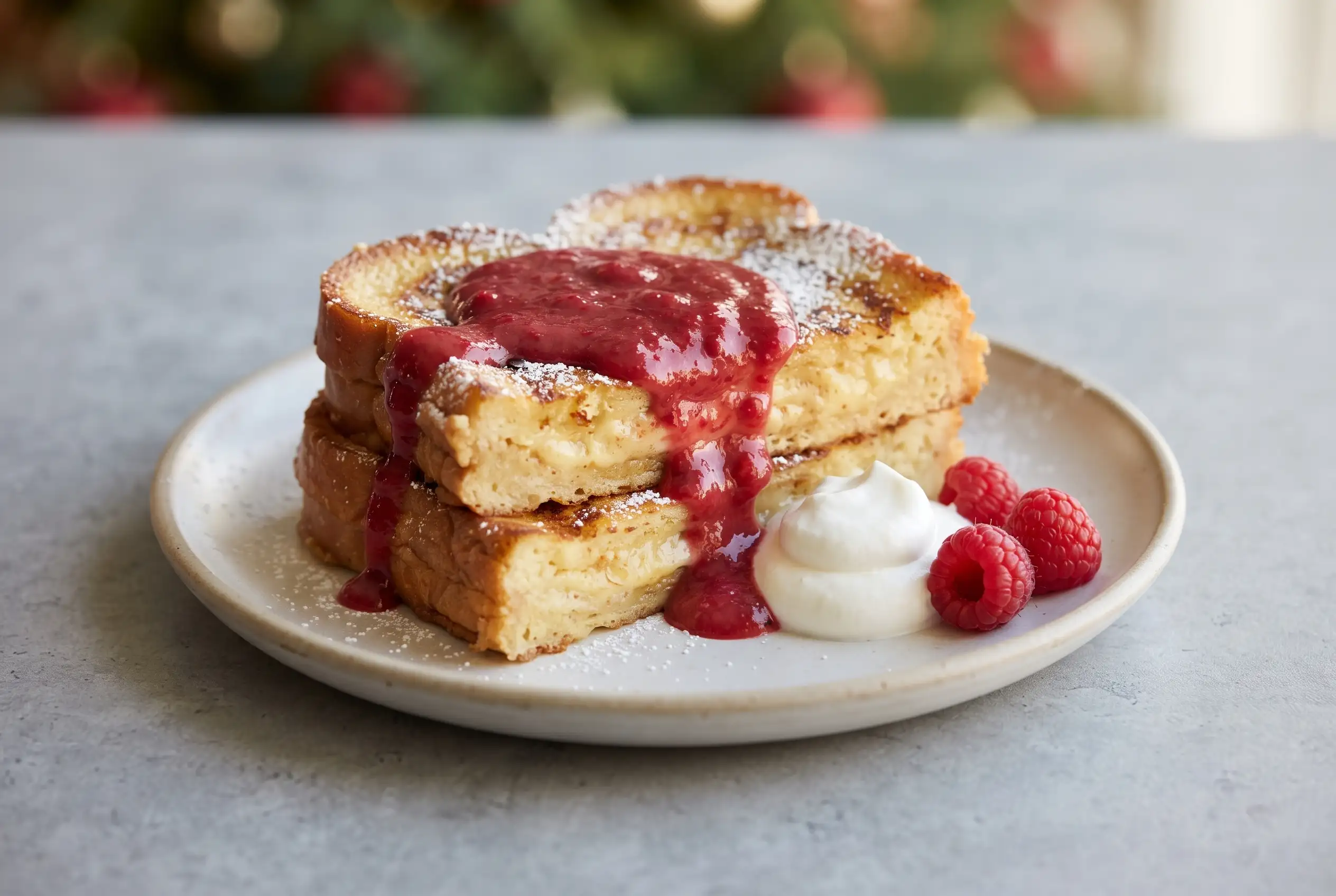 Eggnog French toast with raspberry sauce on a plate with whipped cream and powdered sugar