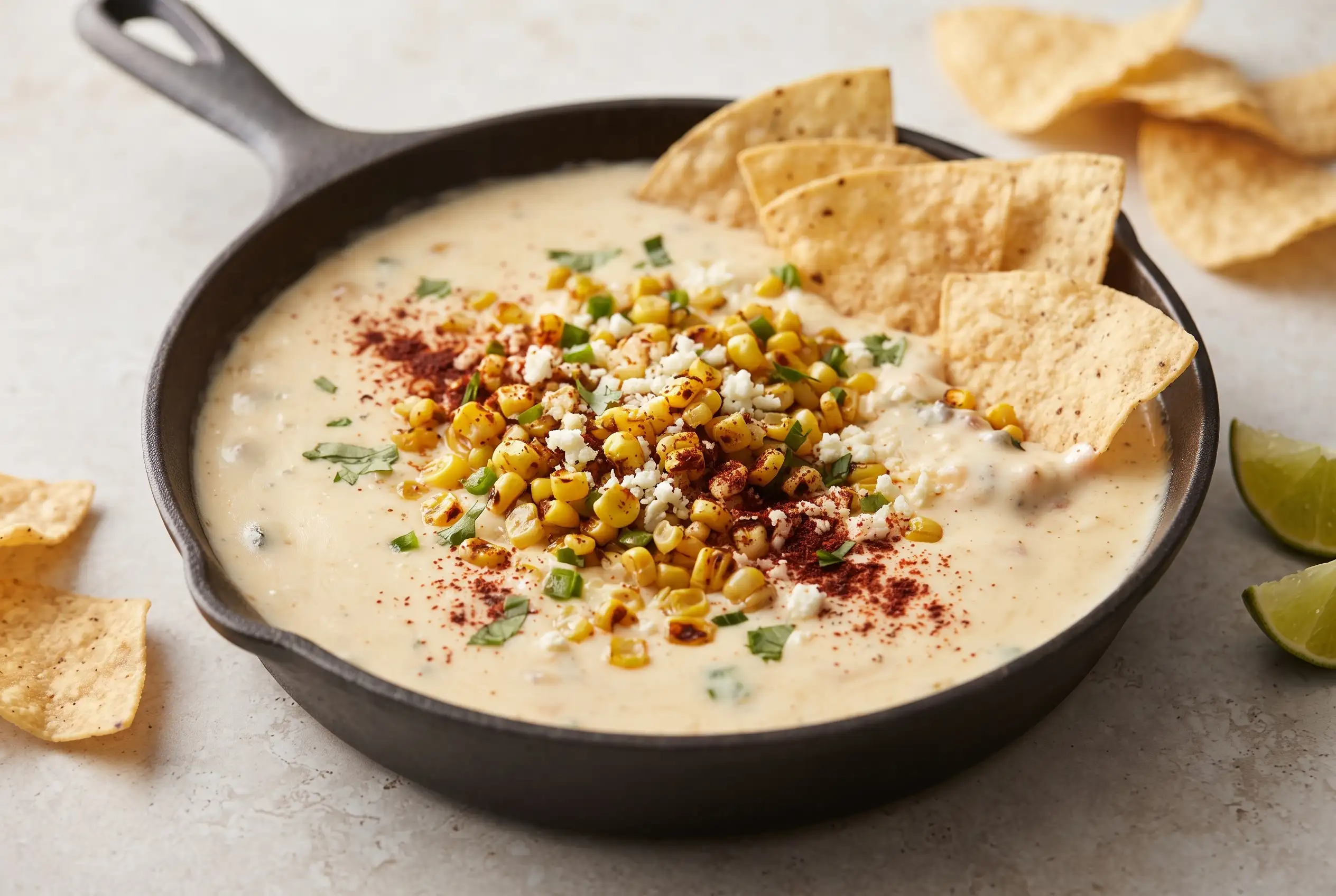 Elote queso dip with roasted corn, melted cheese, cilantro, and tortilla chips for dipping