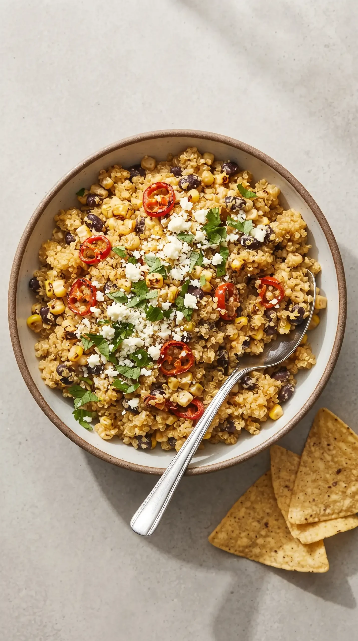 Finished elote style quinoa salad bowl topped with corn, peppers, cotija, and cilantro