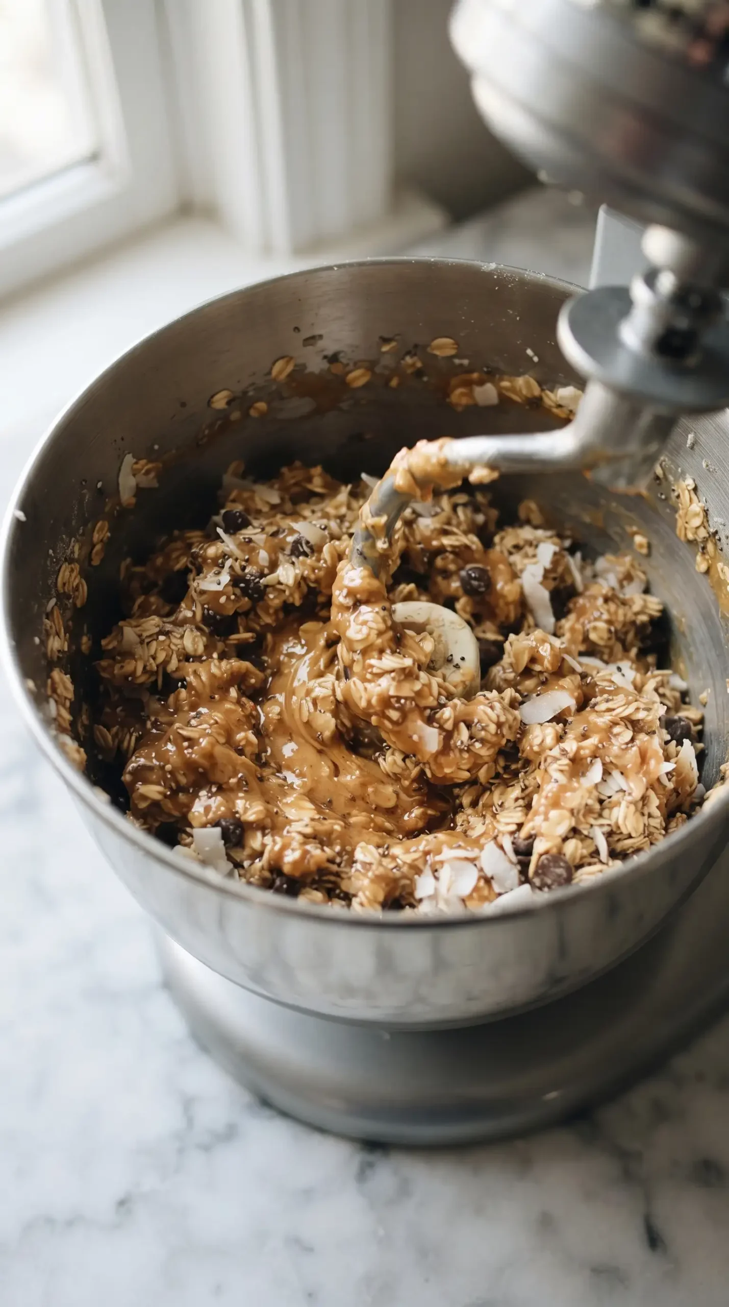 Oat and coconut mixture with peanut butter and honey being prepared in a food processor