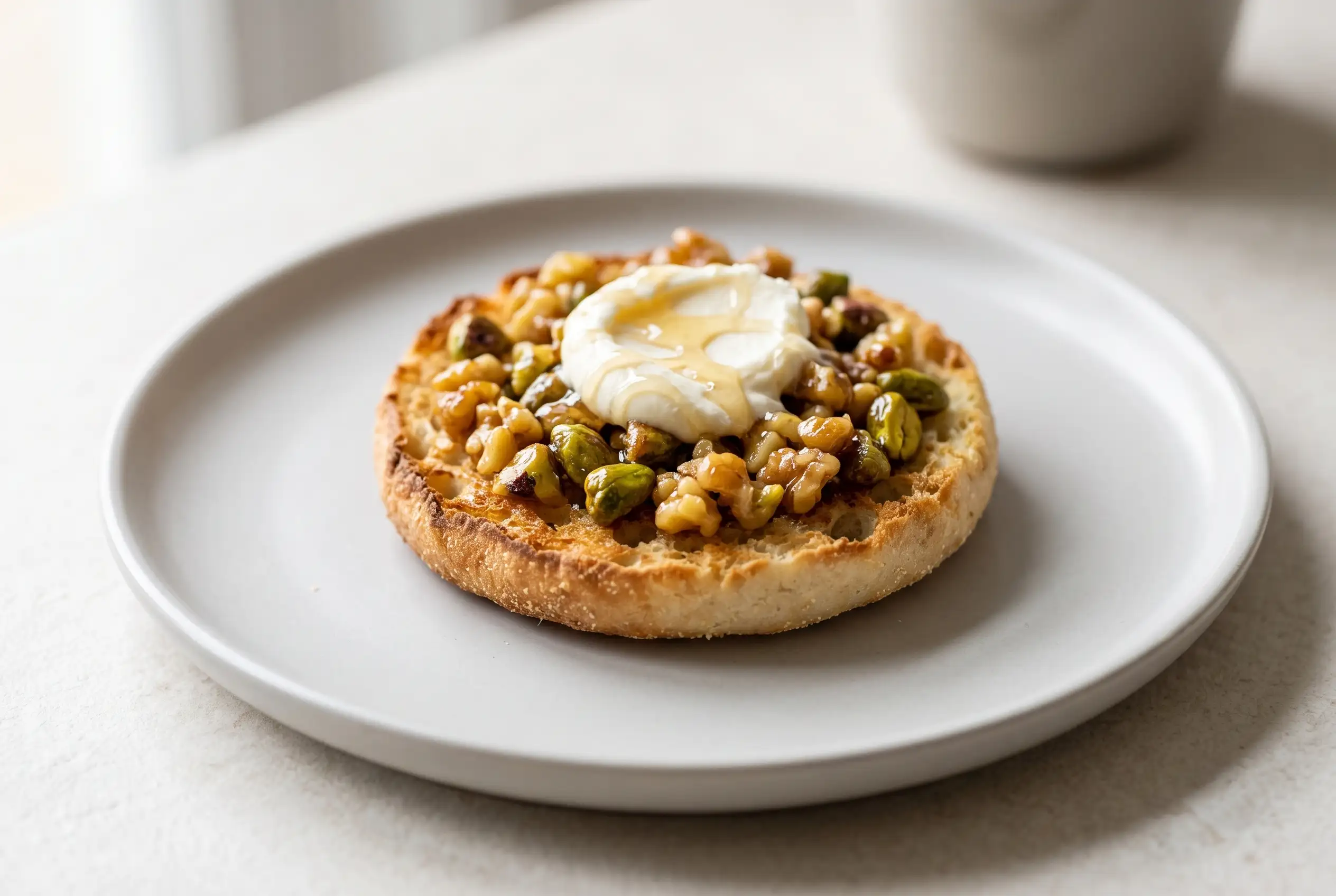 English muffin baklava topped with pistachios, walnuts, mascarpone, and honey drizzle