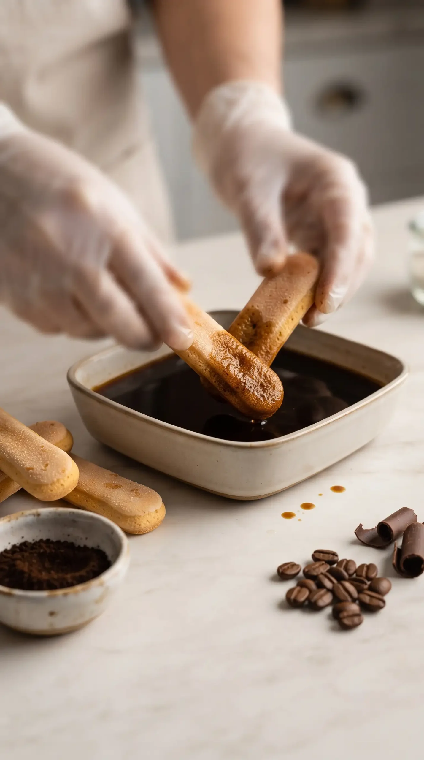 Ladyfingers being briefly dipped in dark espresso before layering the tiramisu
