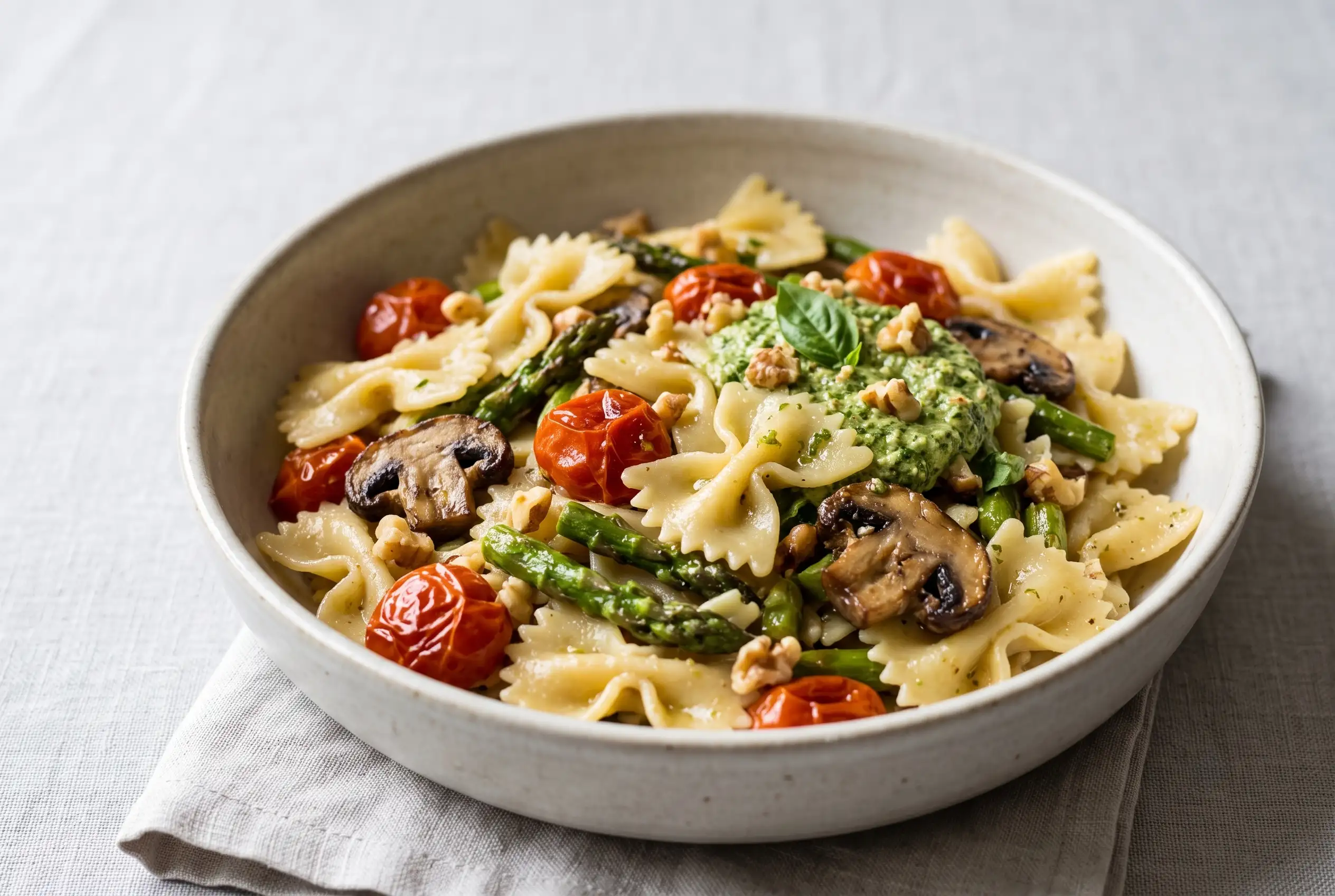 Farmers' Market Pasta with Walnut Pesto and Roasted Garlic