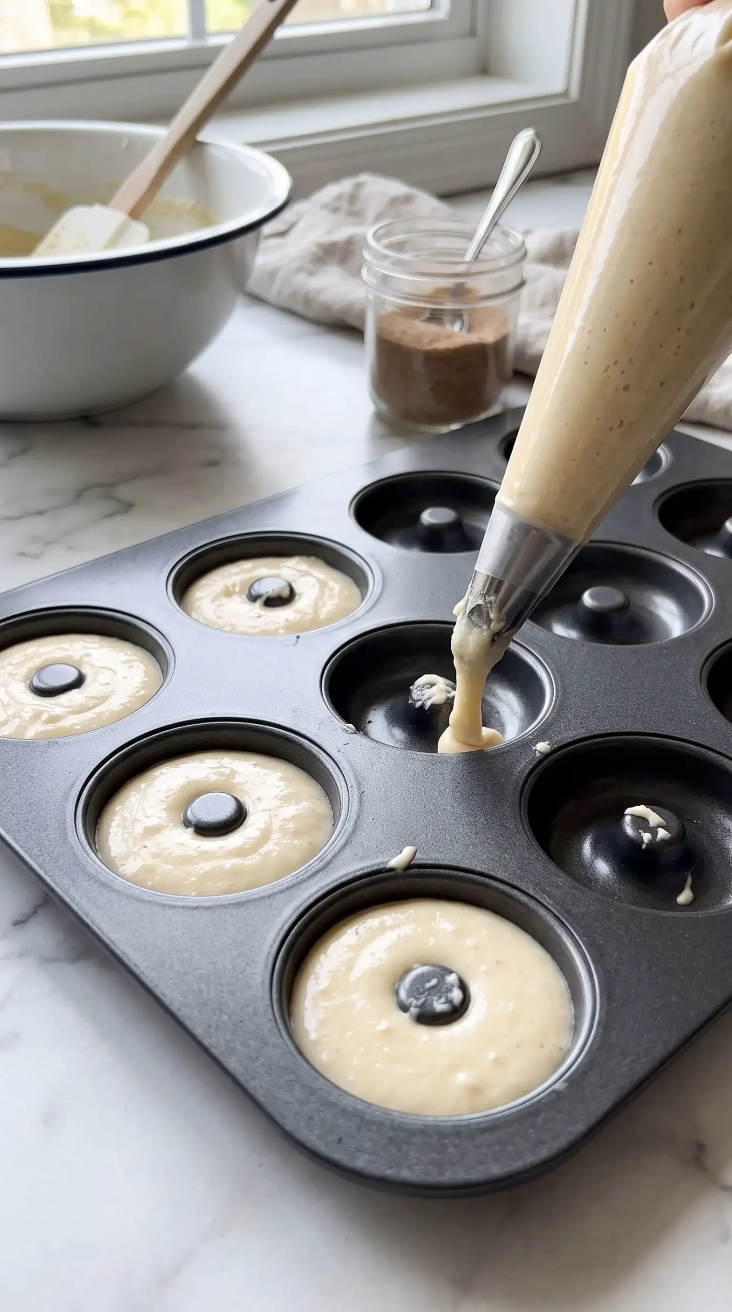 Buttermilk cake batter being piped into a mini donut pan before baking